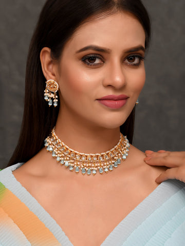 Dastoor Gold-Plated Blue Kundan Studded Jewellery Set