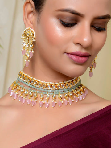 Dastoor Gold-Plated Pink Green Kundan-Studded Beaded Jewellery Set