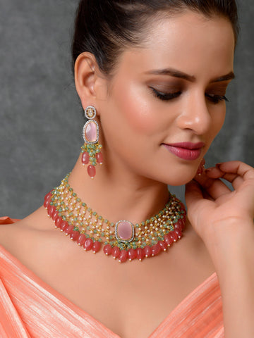 Dastoor Pink Kundan Studded Beaded Jewellery Set