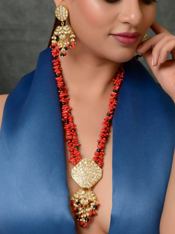 Dastoor Gold-Plated Red White Kundan-Studded Beaded Jewellery Set