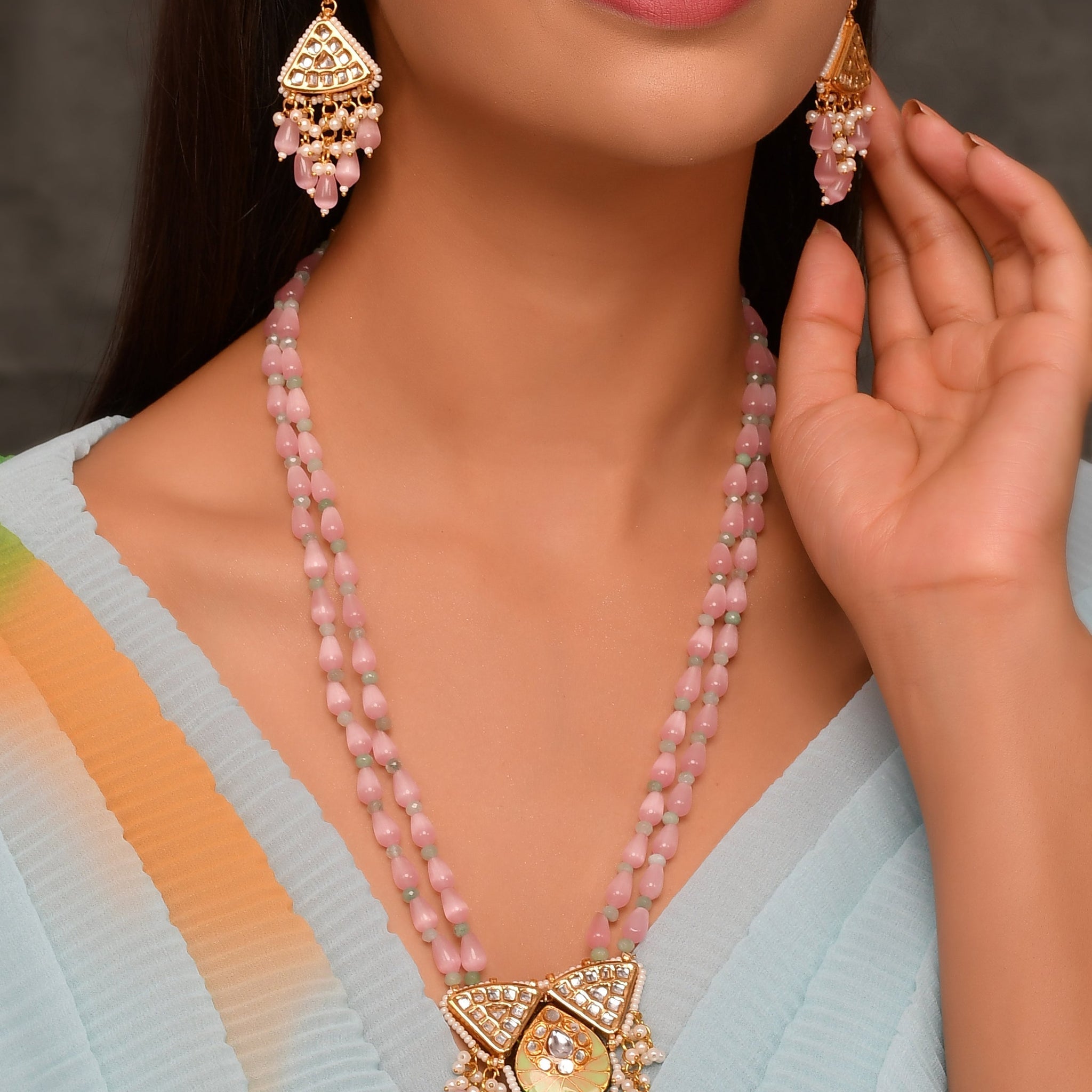 Dastoor  Pink Kundan  Bead Studded Jewellery Set