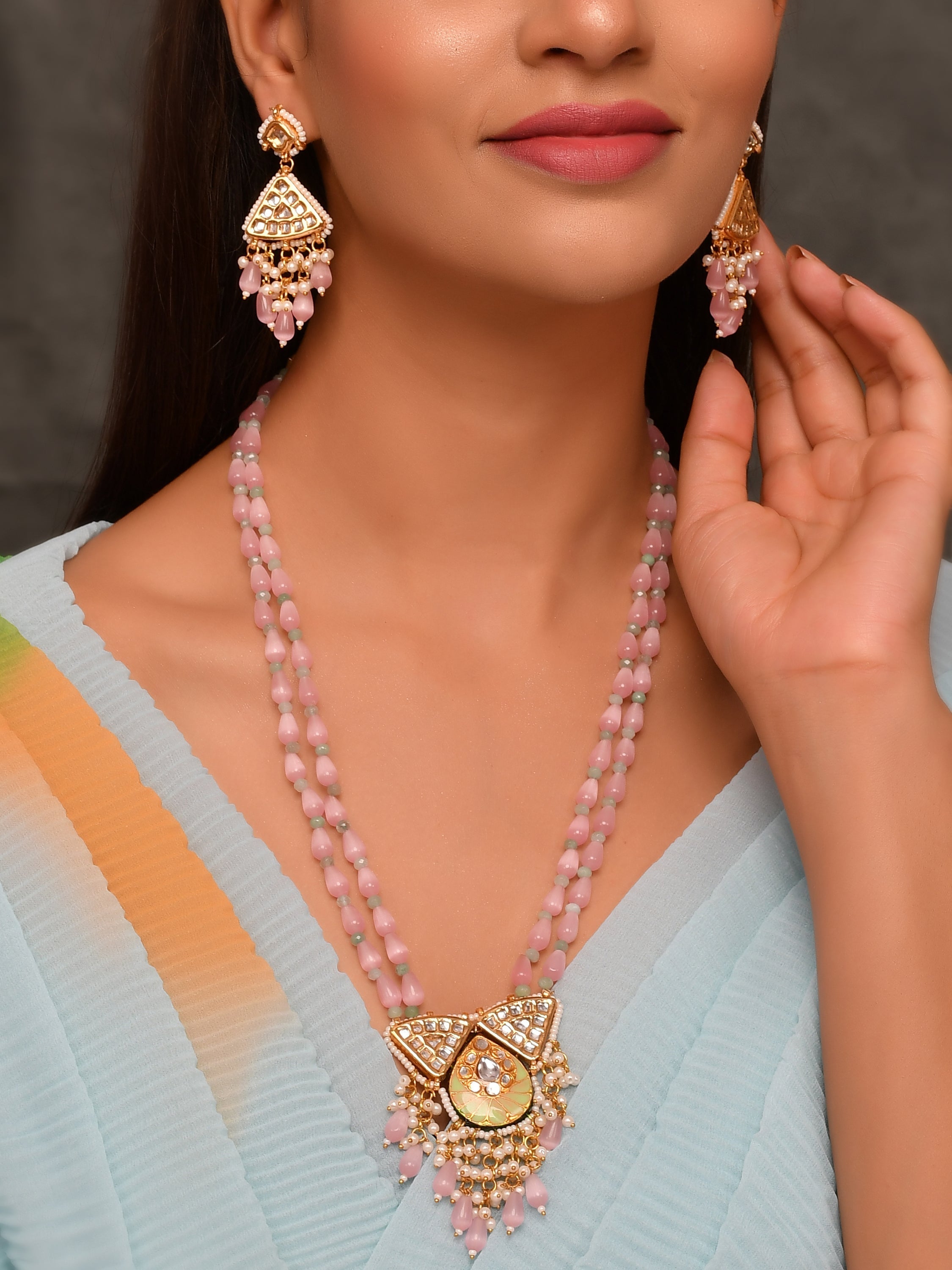 Dastoor  Pink Kundan  Bead Studded Jewellery Set