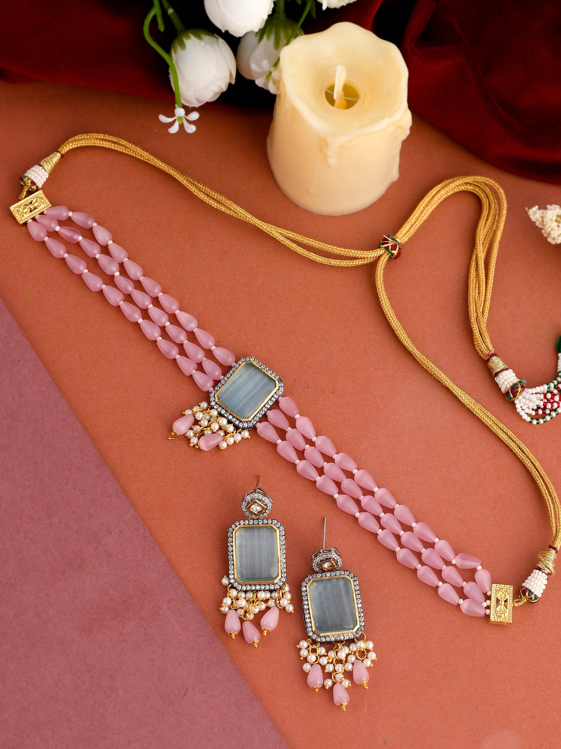 Pink Kundan-Studded  Beaded Jewellery Set