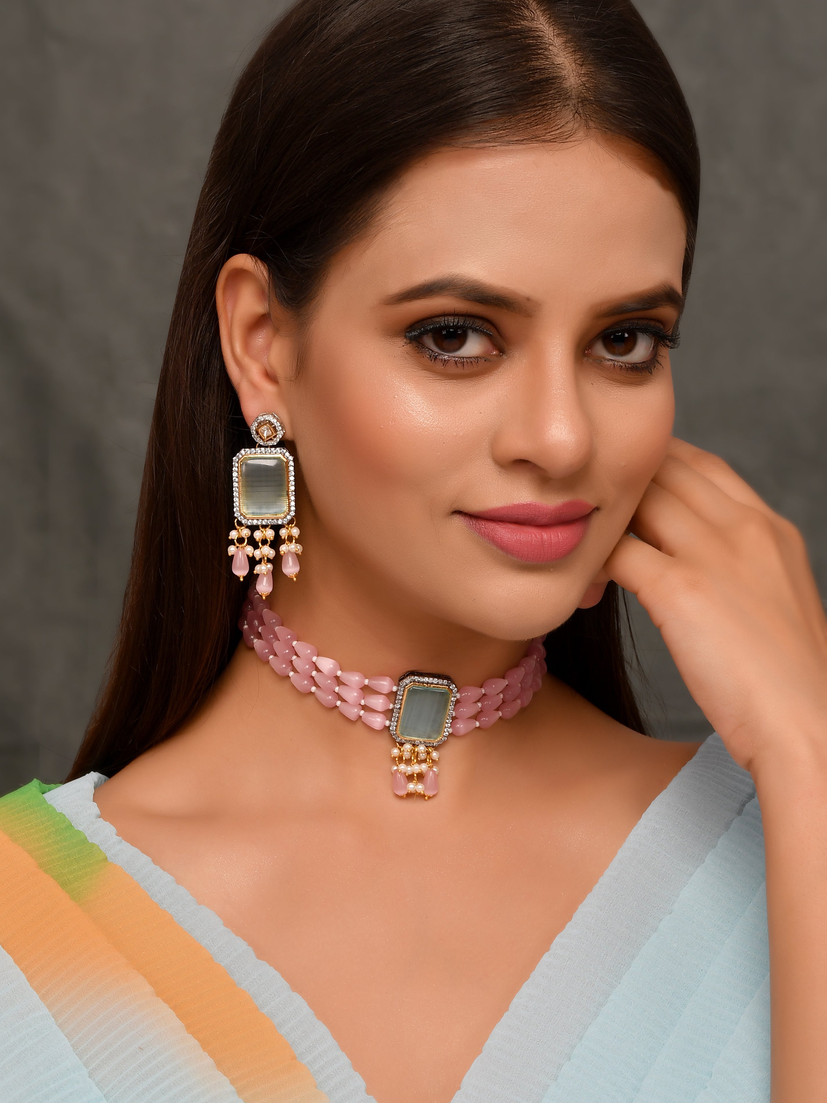 Pink Kundan-Studded  Beaded Jewellery Set