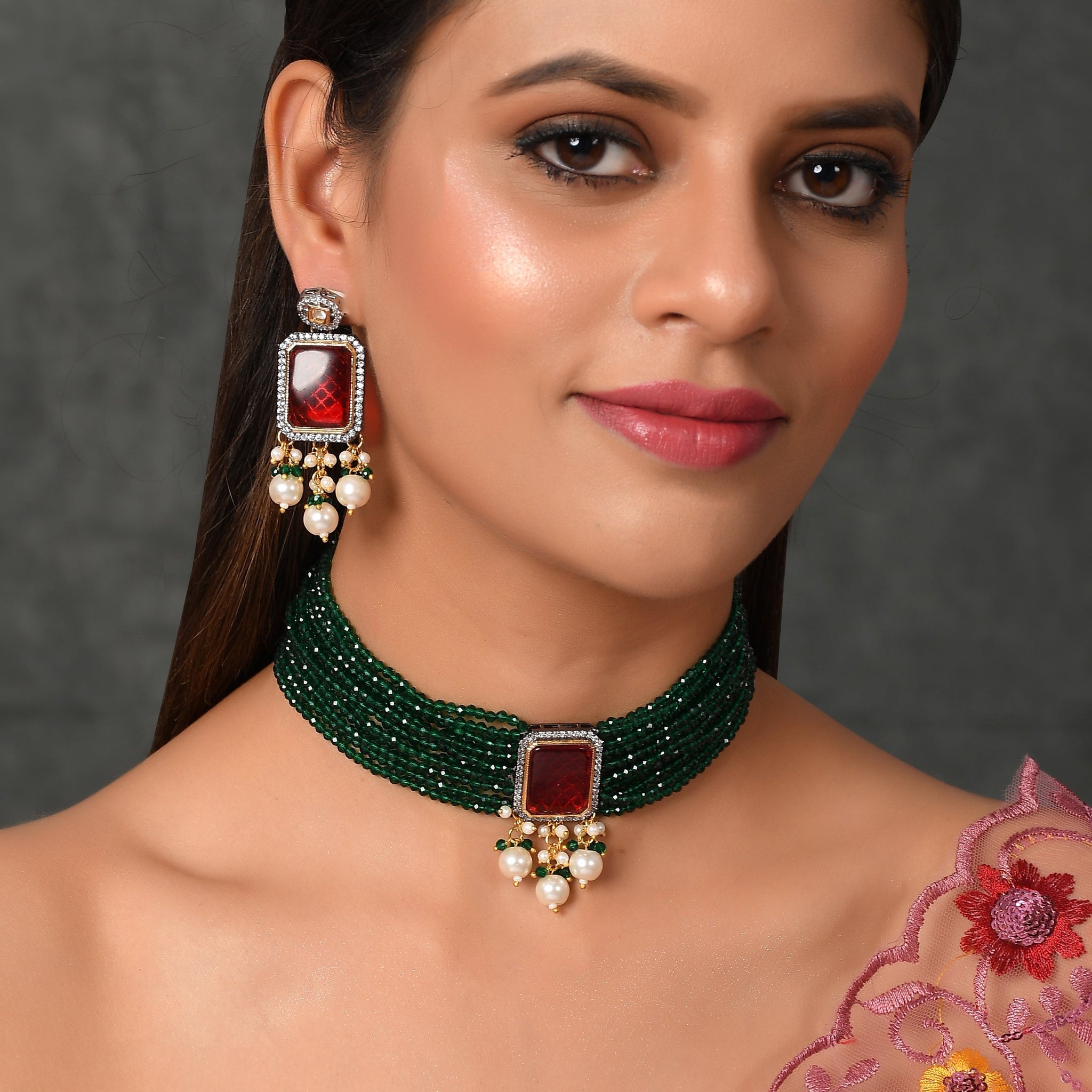 Dastoor Green  Red Kundan  Bead Studded Jewellery Set