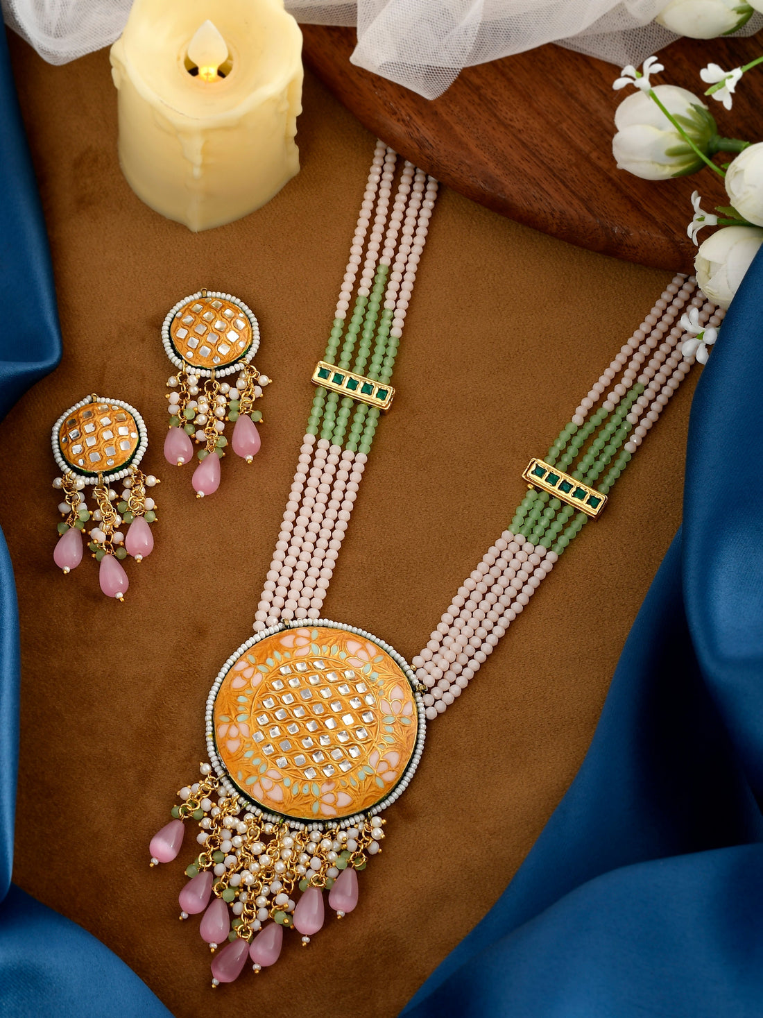 Yellow White Kundan-Studded  Beaded Jewellery Set