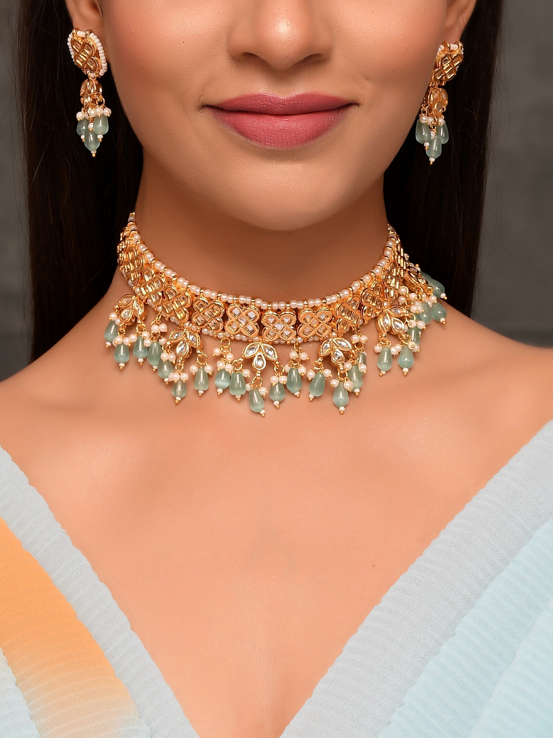 Dastoor Gold-Plated Turquoise Jewellery Set
