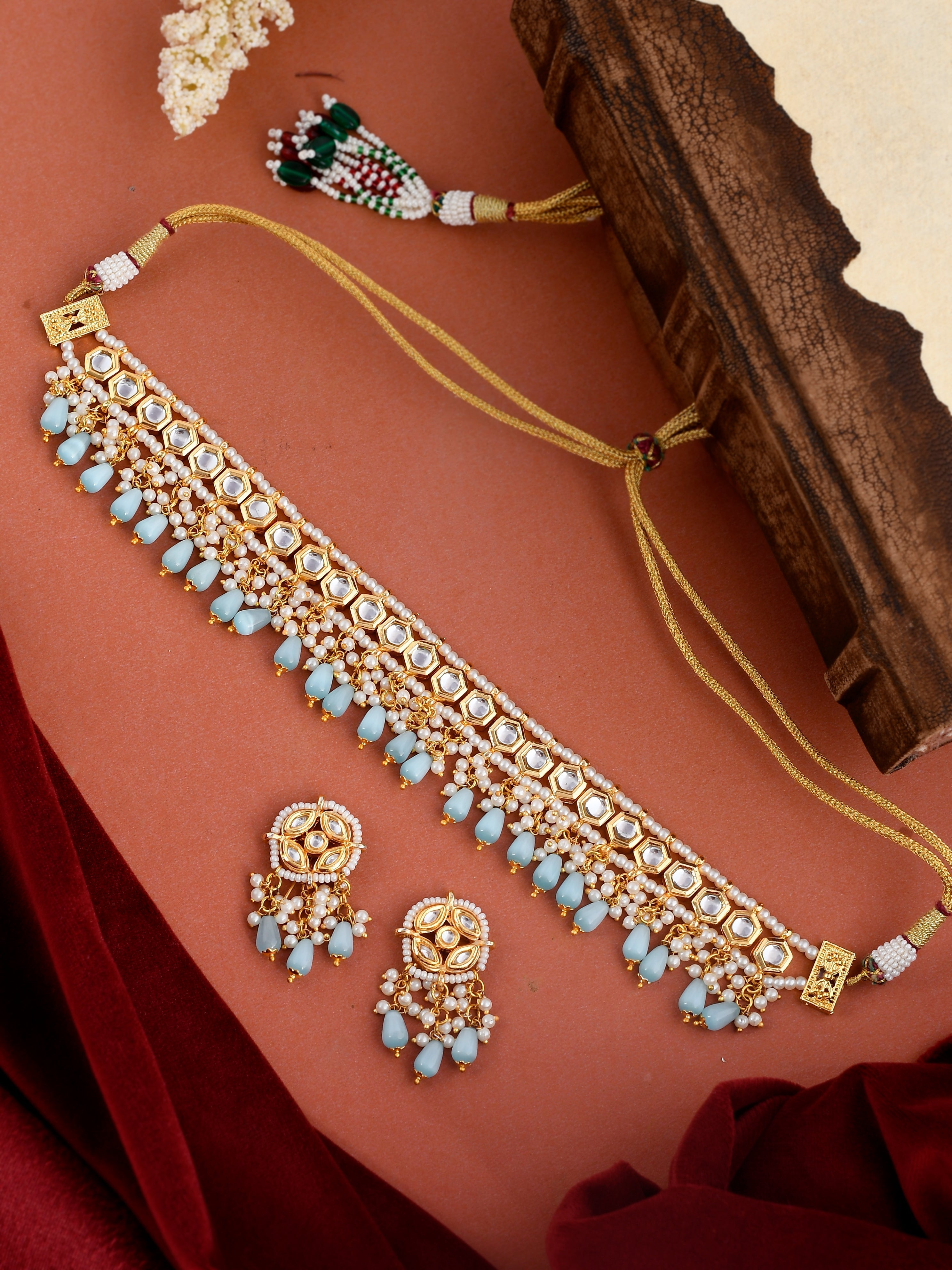 Dastoor Gold-Plated Blue Kundan Studded Jewellery Set