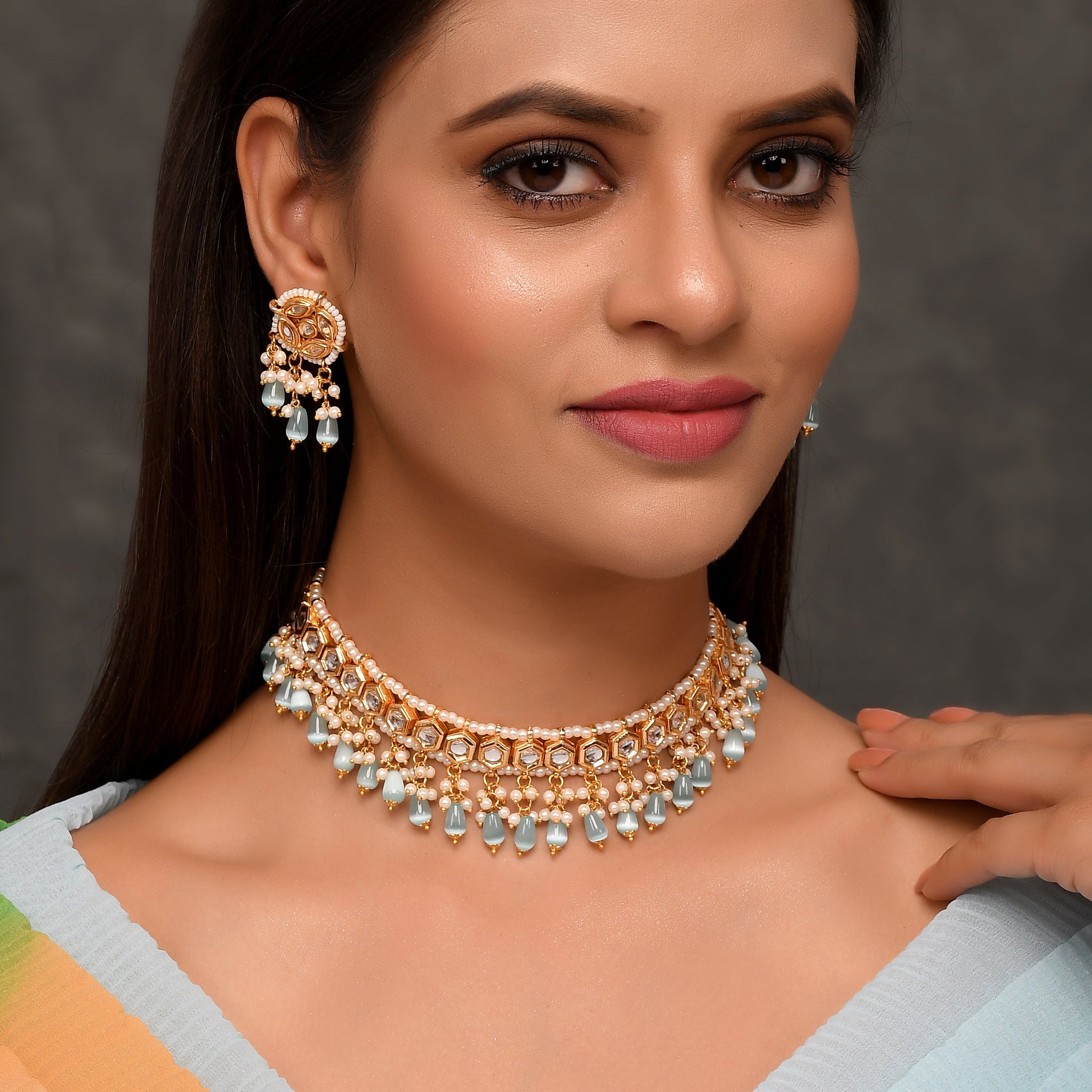 Dastoor Gold-Plated Blue Kundan Studded Jewellery Set
