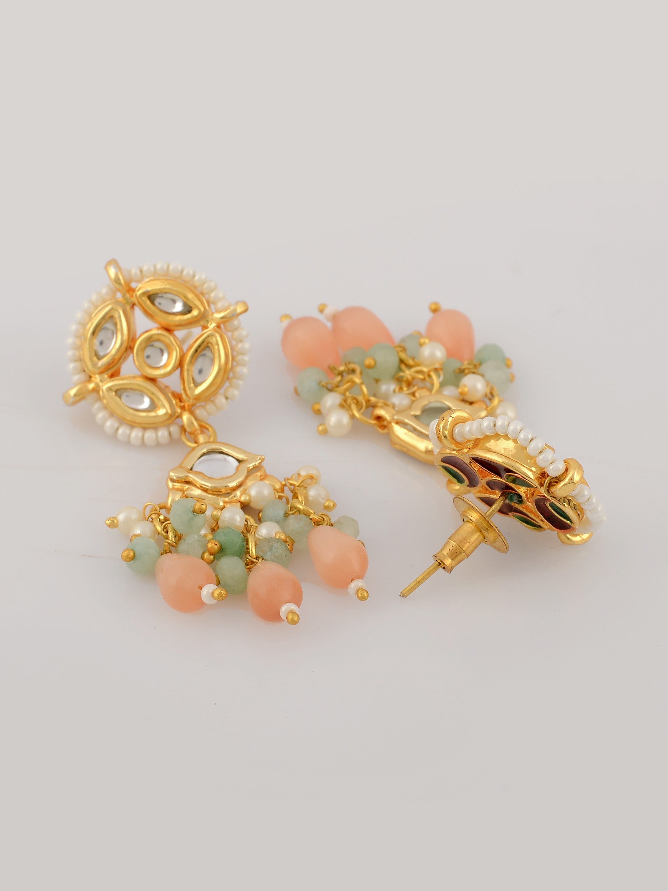 Dastoor Gold-Plated White Pink Kundan Beaded Jewellery Set