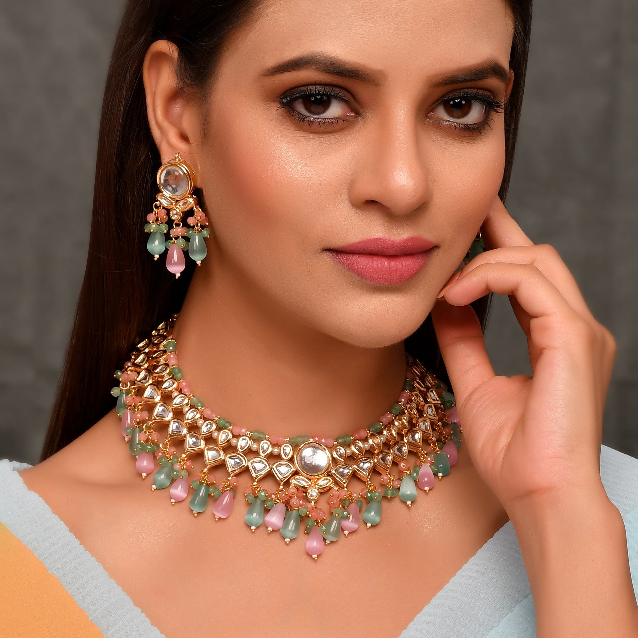 Dastoor Gold-Plated Pink Green Kundan Bead Studded Jewellery Set