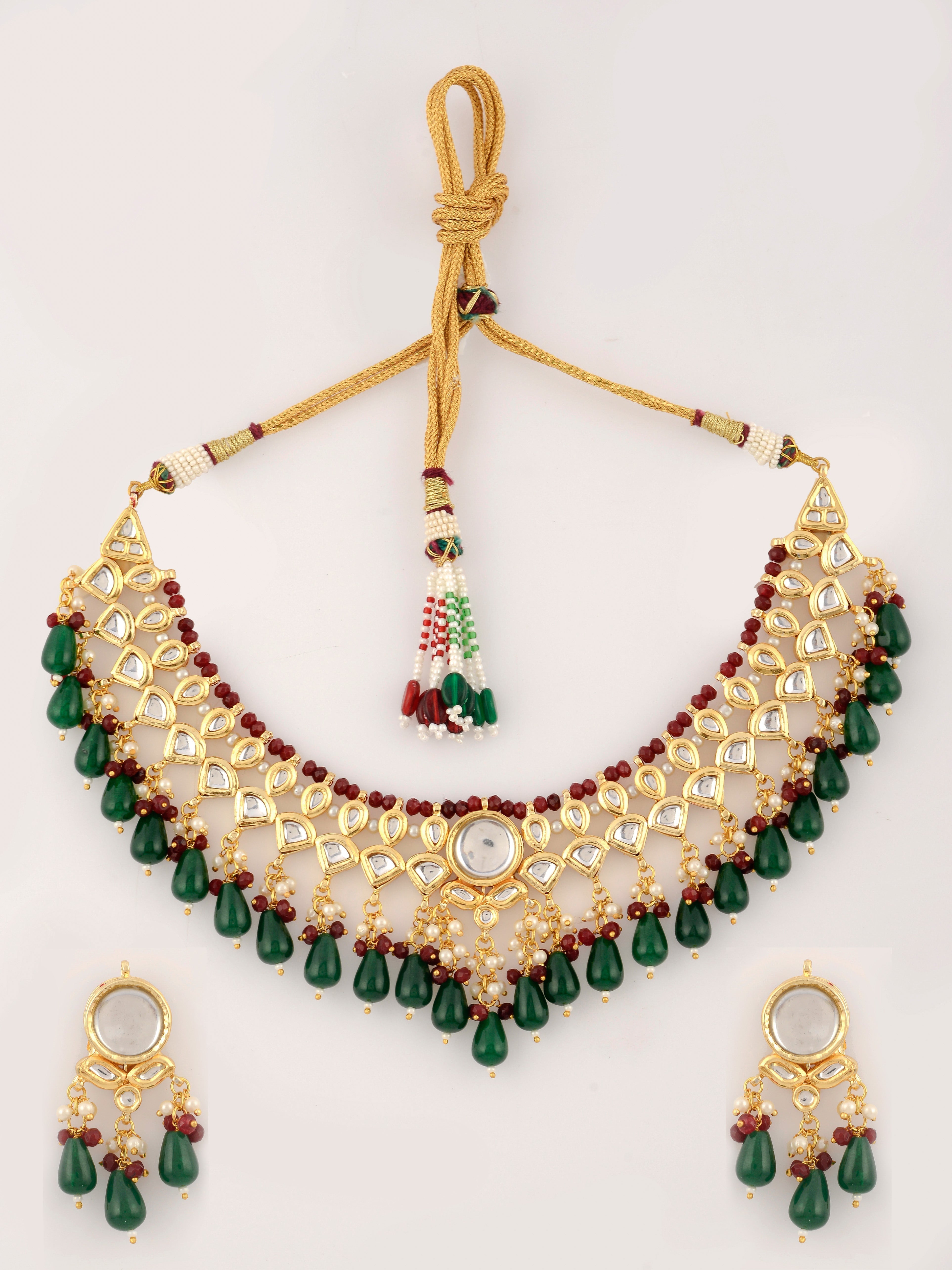Dastoor Gold-Plated Red  White Kundan Studded Jewellery Set