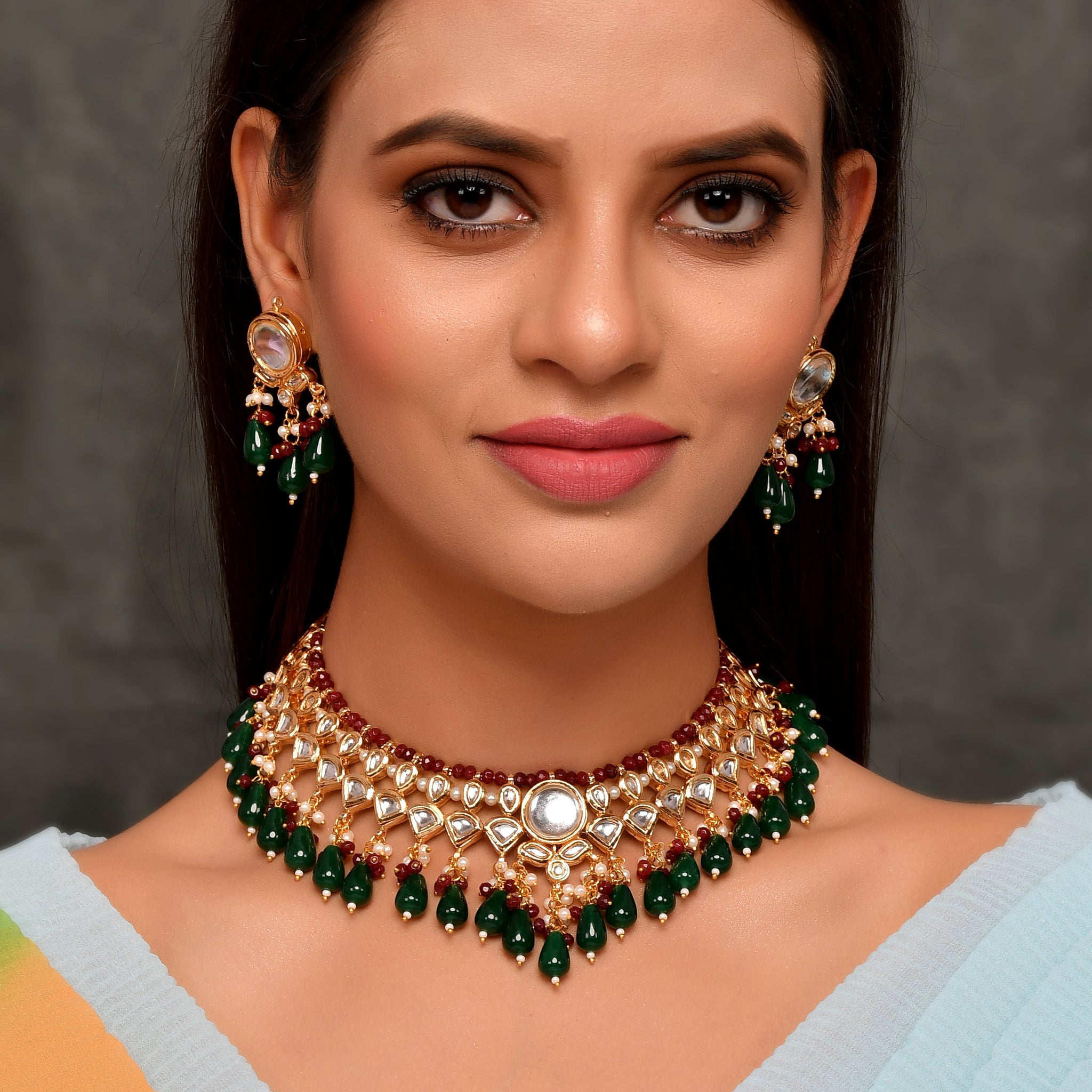 Dastoor Gold-Plated Red  White Kundan Studded Jewellery Set