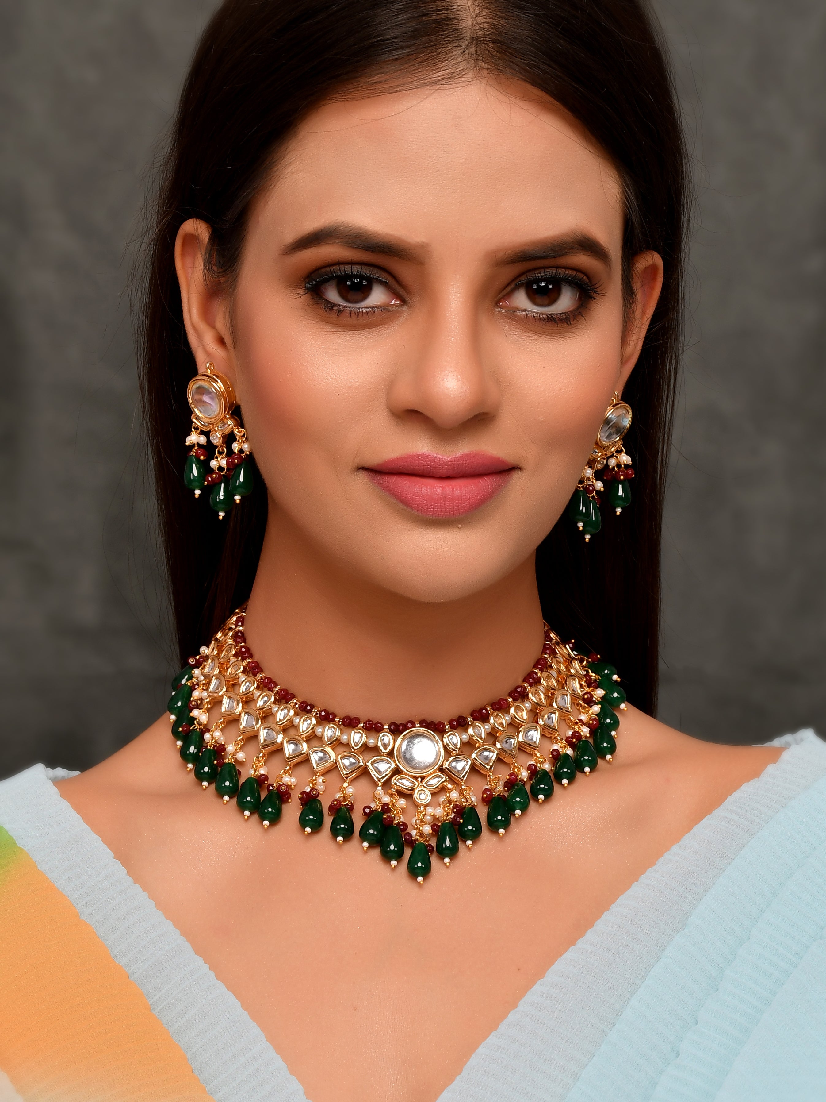 Dastoor Gold-Plated Red  White Kundan Studded Jewellery Set