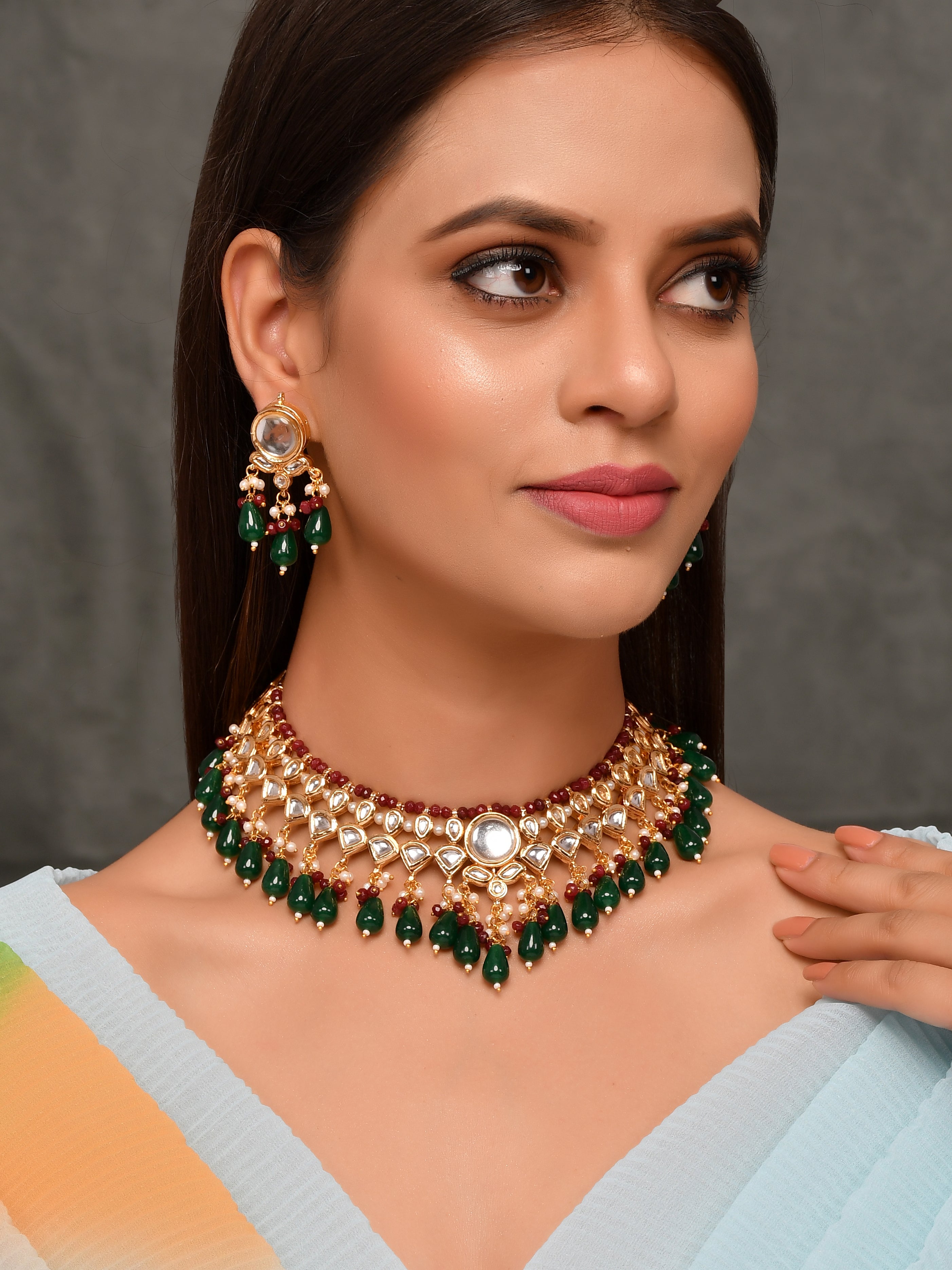 Dastoor Gold-Plated Red  White Kundan Studded Jewellery Set