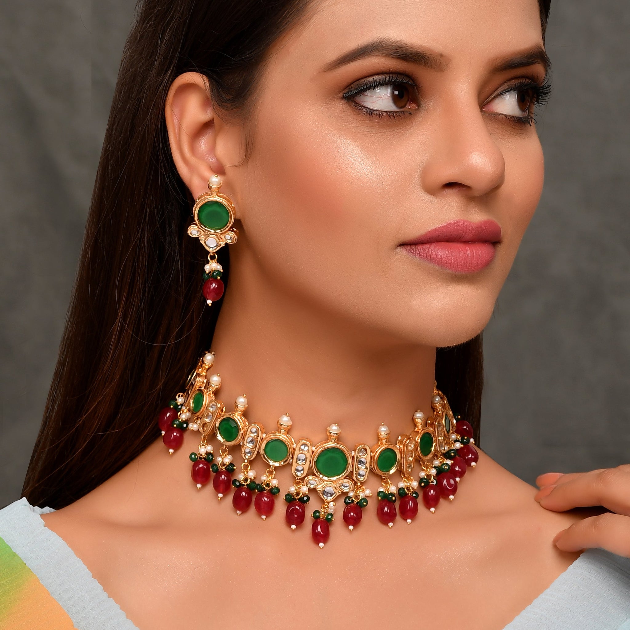 Dastoor Green Kundan Studded Jewellery Set