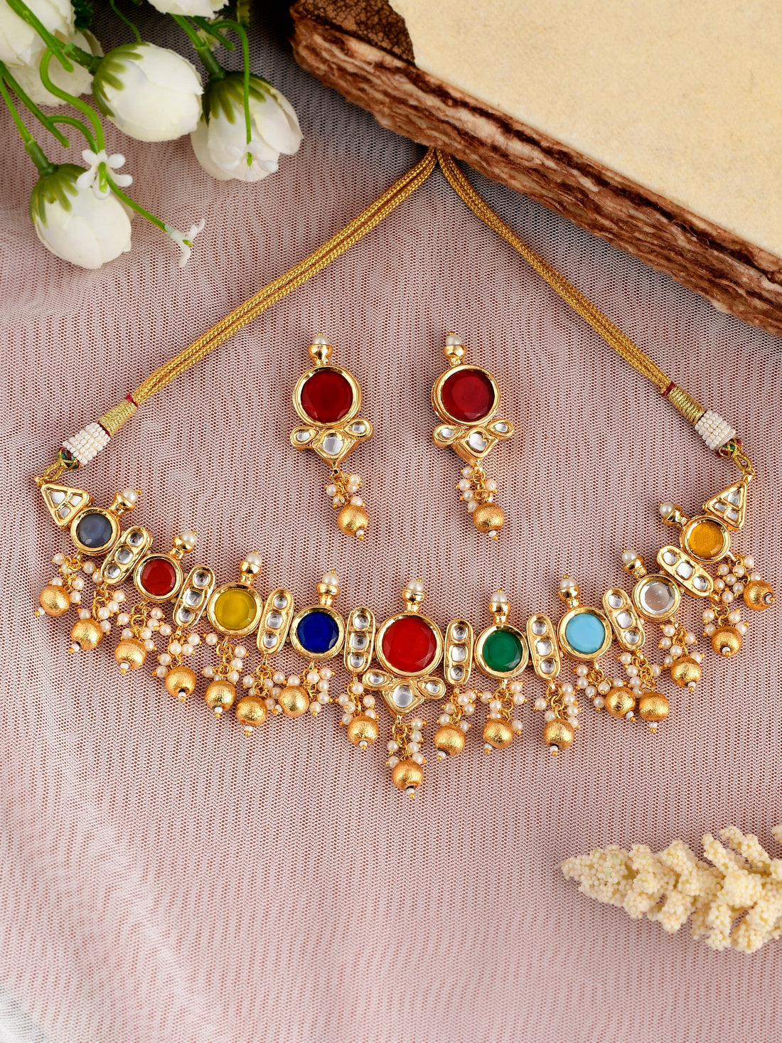 Red Kundan-Studded  Beaded Jewellery Set