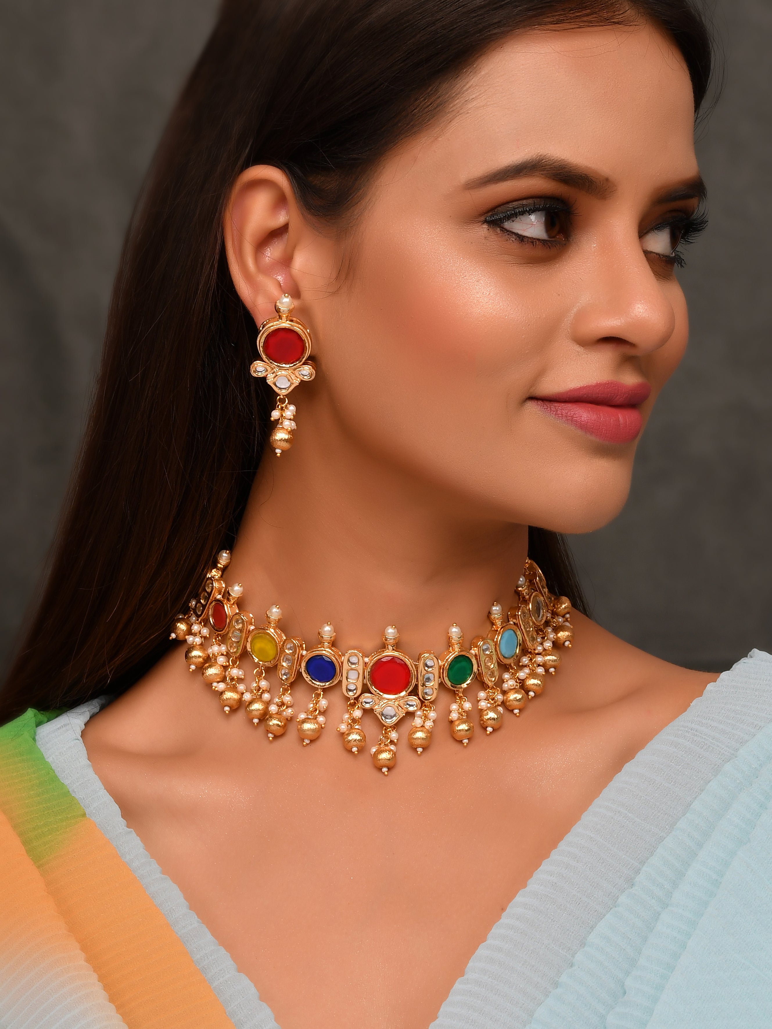Dastoor  Red Kundan-Studded  Beaded Jewellery Set