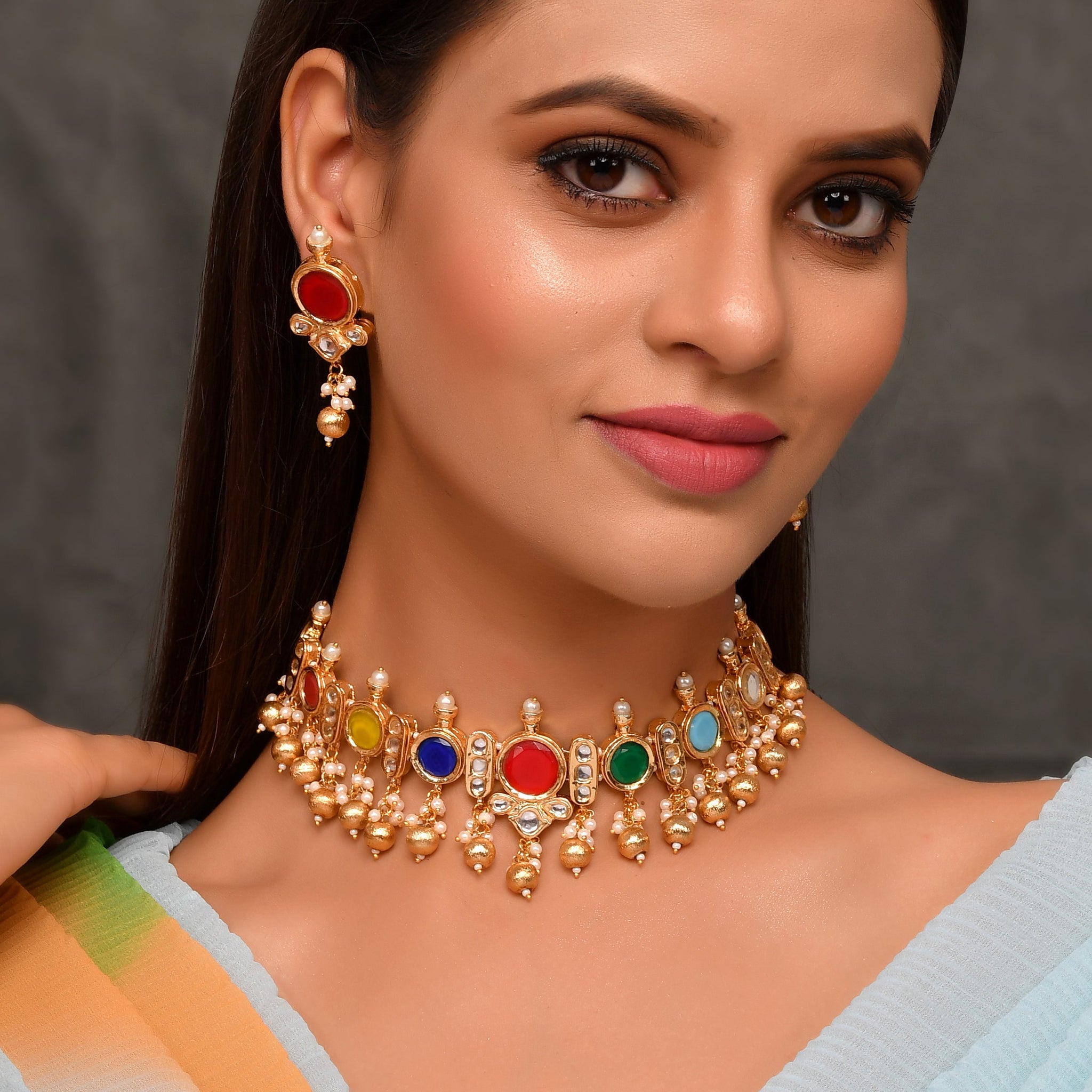 Red Kundan-Studded  Beaded Jewellery Set