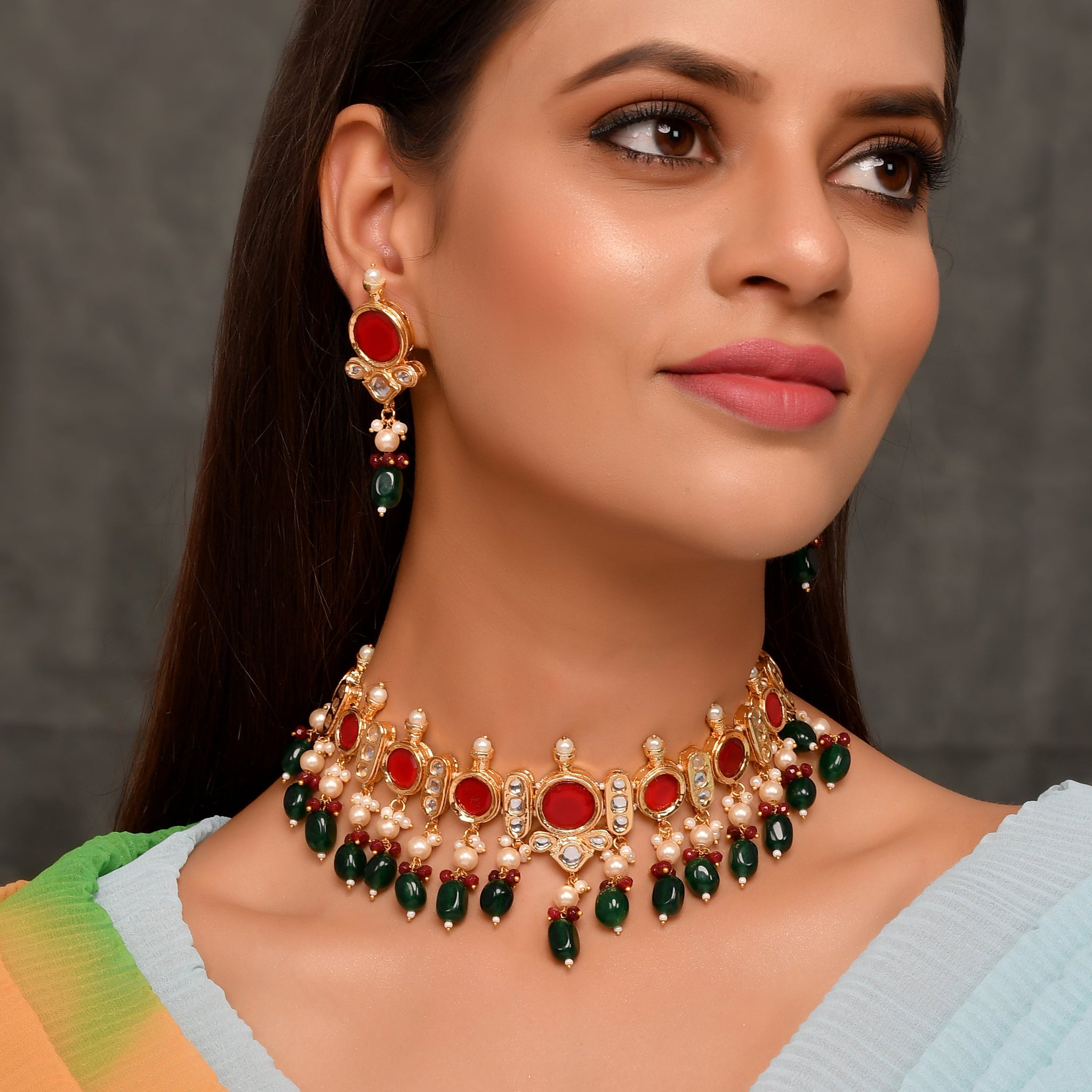Dastoor Gold-Plated Red Kundan Studded Jewellery Set