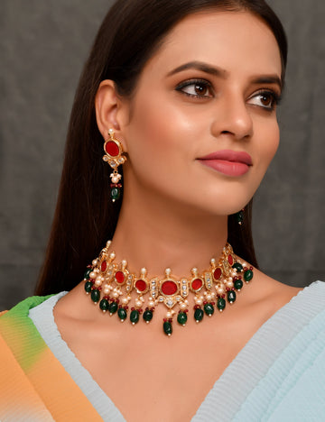 Dastoor Gold-Plated Red Kundan Studded Jewellery Set