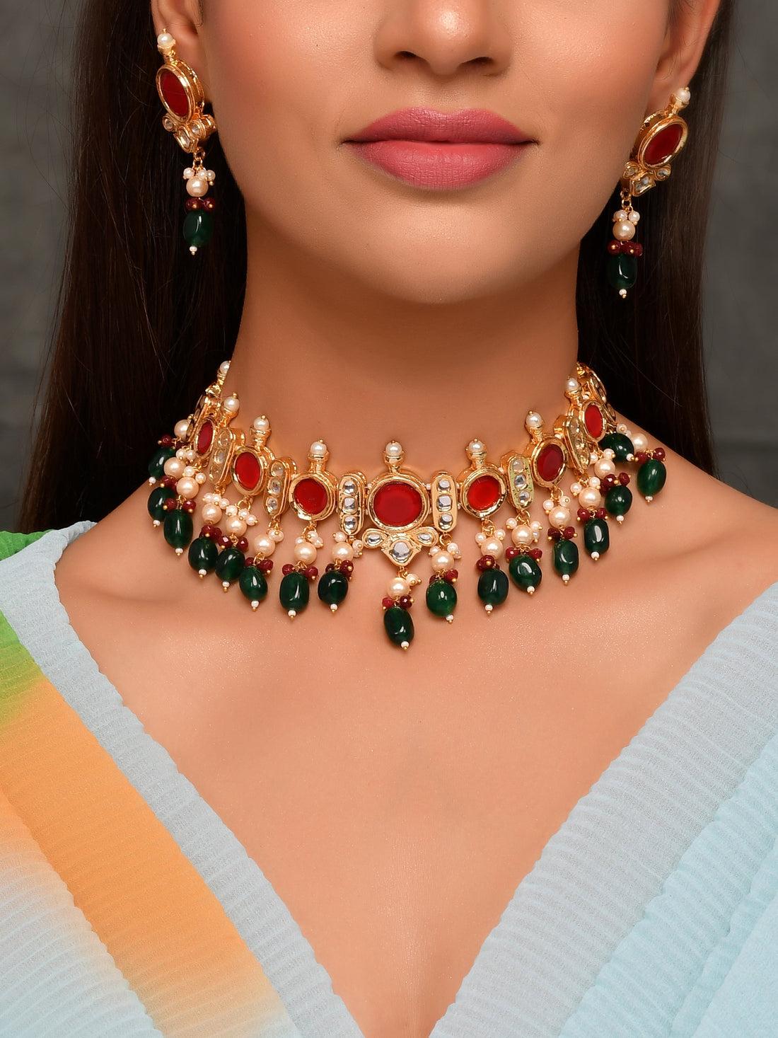 Dastoor Gold-Plated Red Kundan Studded Jewellery Set