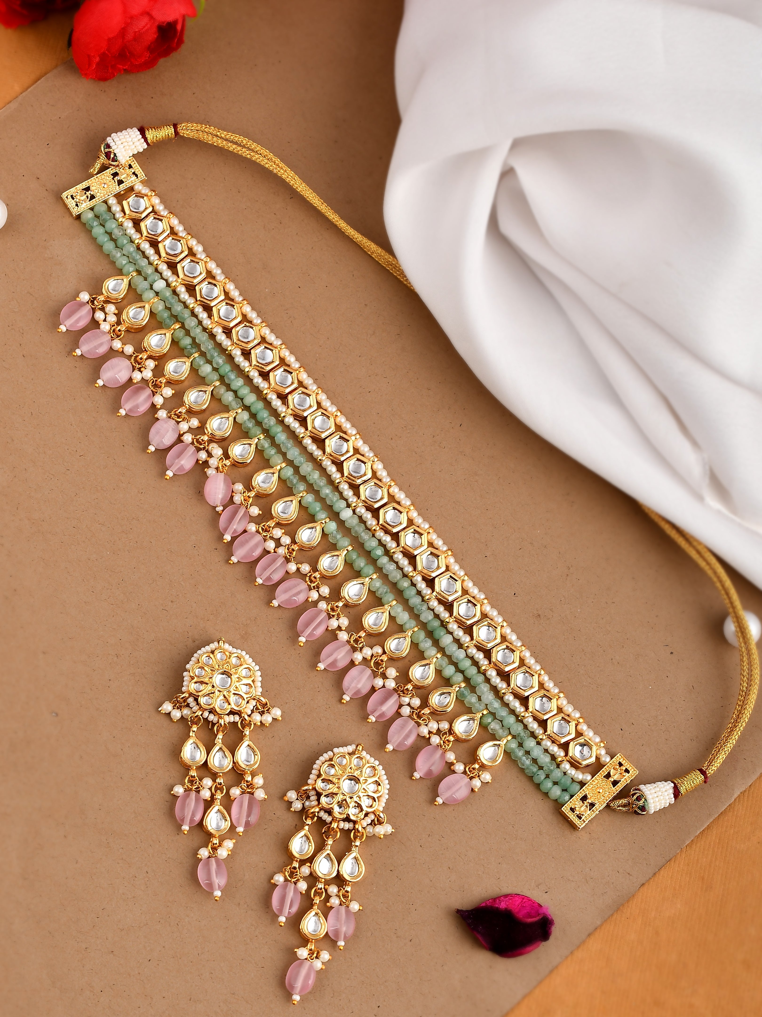 Dastoor Gold-Plated Pink  Green Kundan-Studded  Beaded Jewellery Set