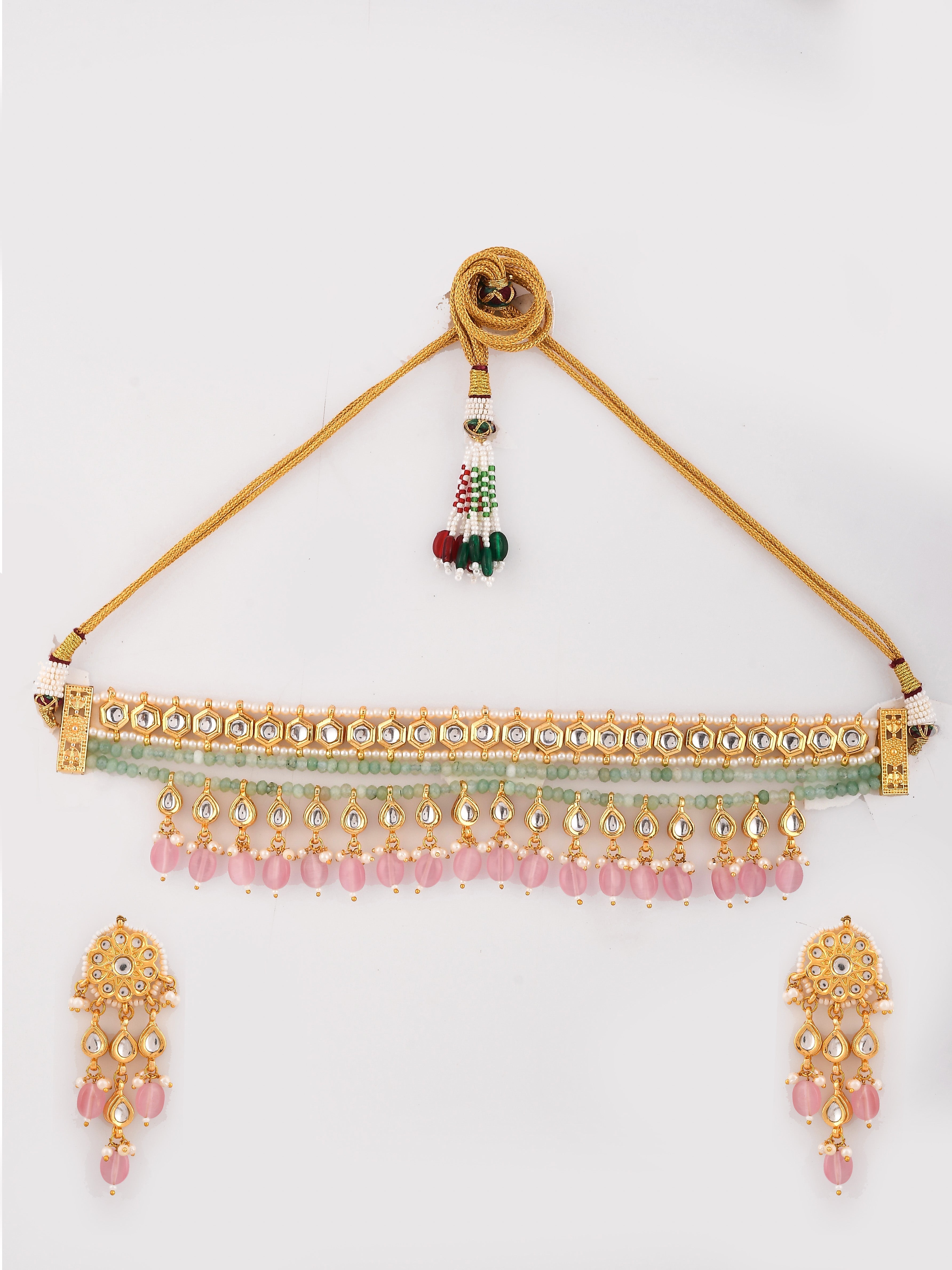 Dastoor Gold-Plated Pink  Green Kundan-Studded  Beaded Jewellery Set