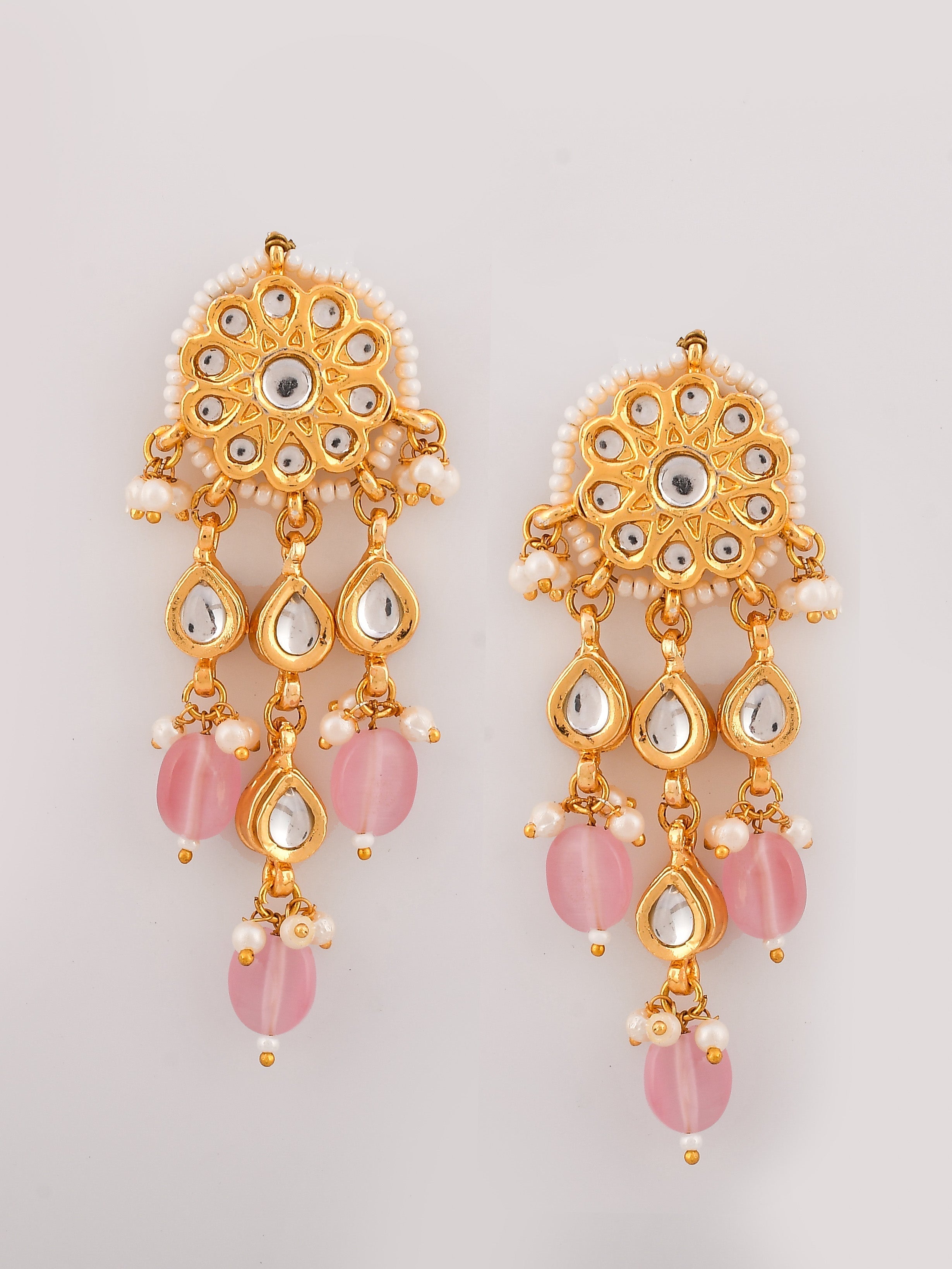 Dastoor Gold-Plated Pink  Green Kundan-Studded  Beaded Jewellery Set