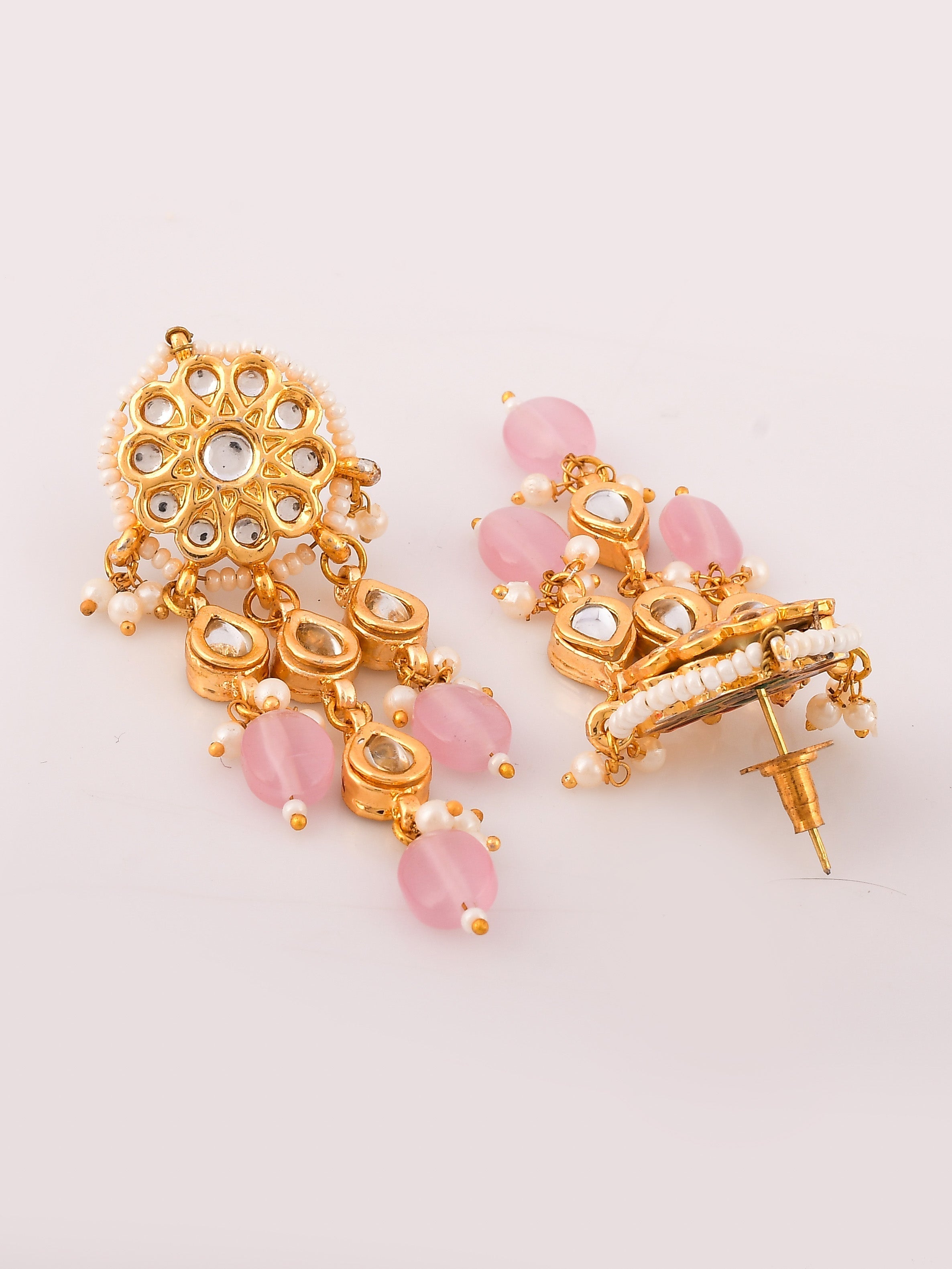 Dastoor Gold-Plated Pink  Green Kundan-Studded  Beaded Jewellery Set