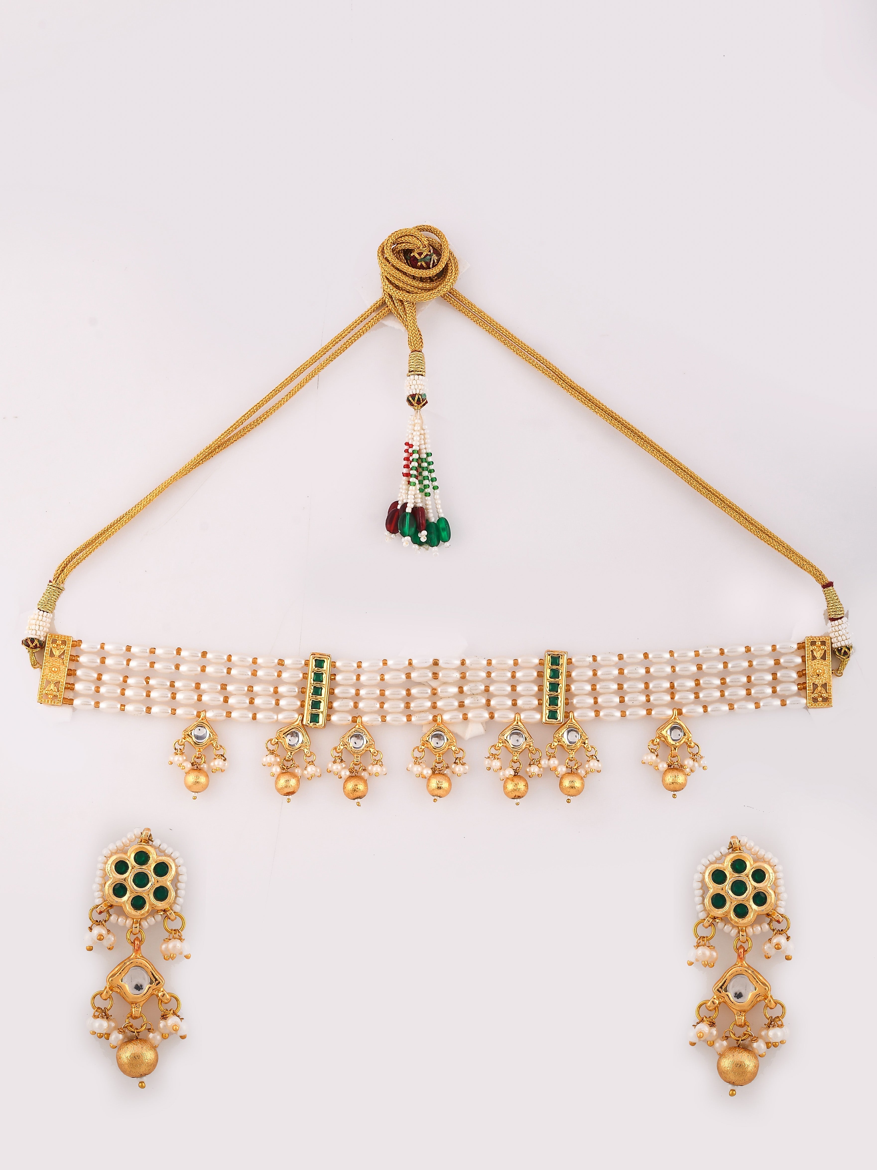 Gold-Plated White Kundan Studded  Beaded Jewellery Set