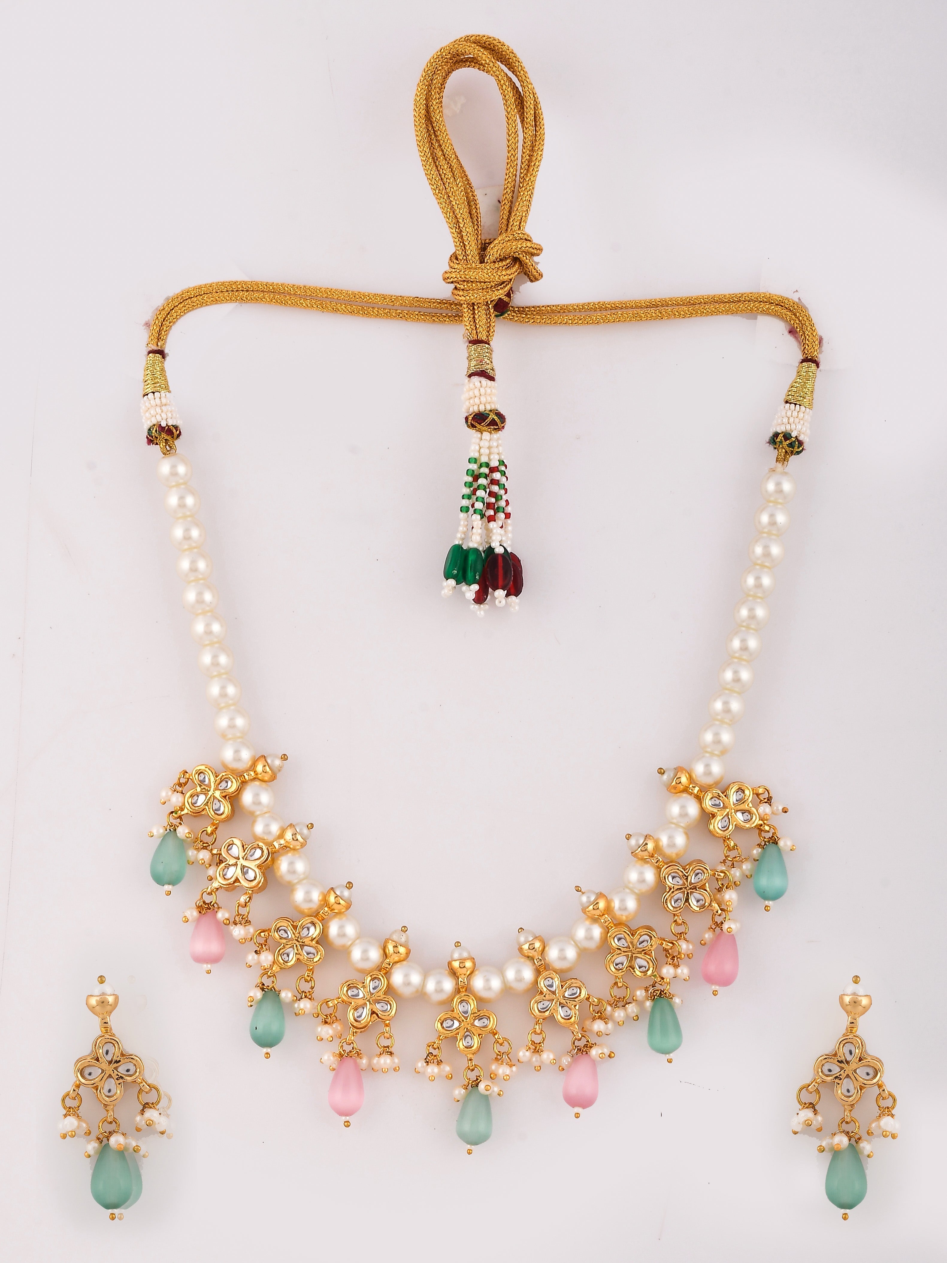 Dastoor Brass-Plated Gold-Toned Kundan-Studded  Pearl Beaded Jewellery Set