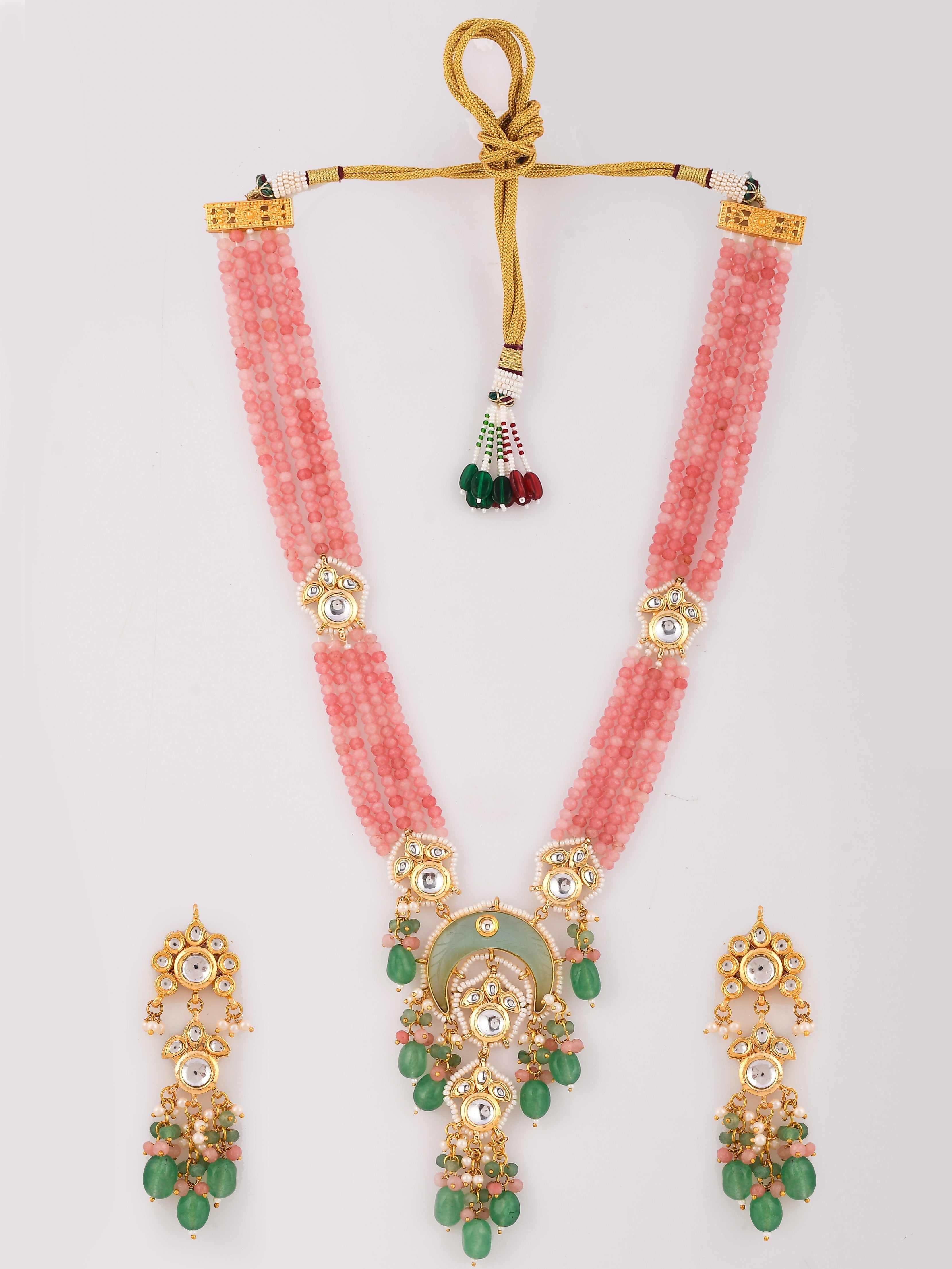 Dastoor  Pink Kundan-Studded  Beaded Jewellery Set