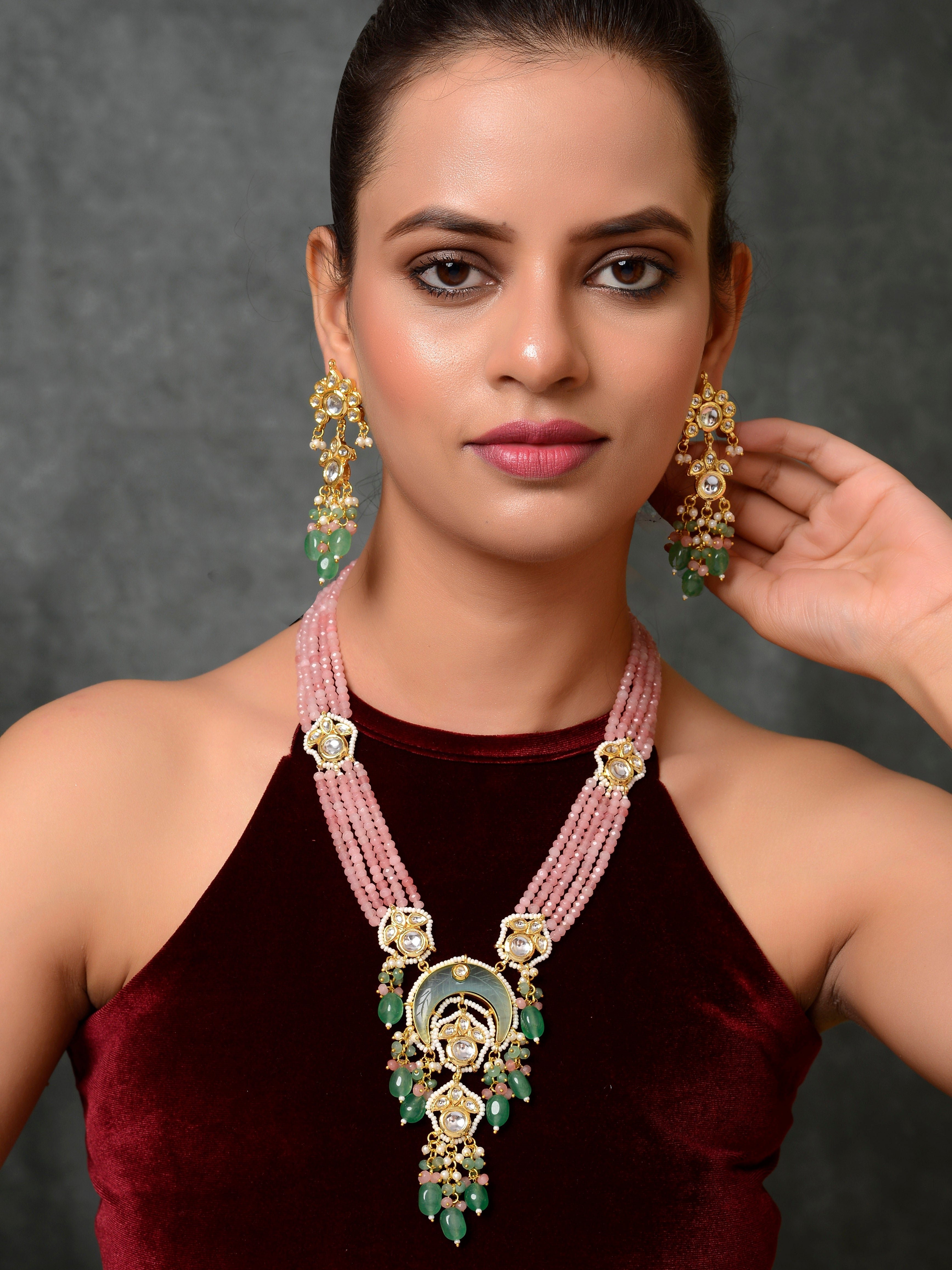 Dastoor  Pink Kundan-Studded  Beaded Jewellery Set