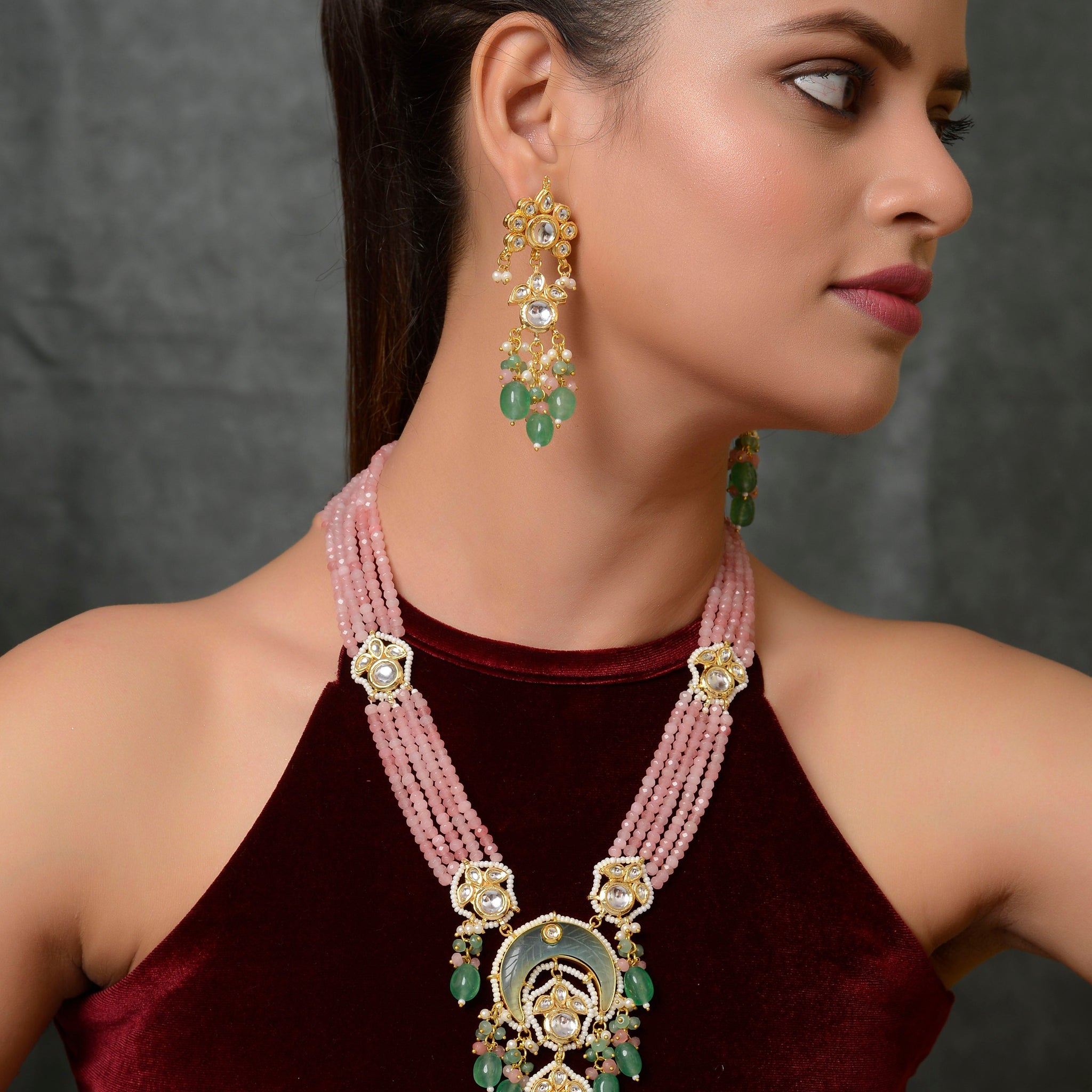 Dastoor  Pink Kundan-Studded  Beaded Jewellery Set