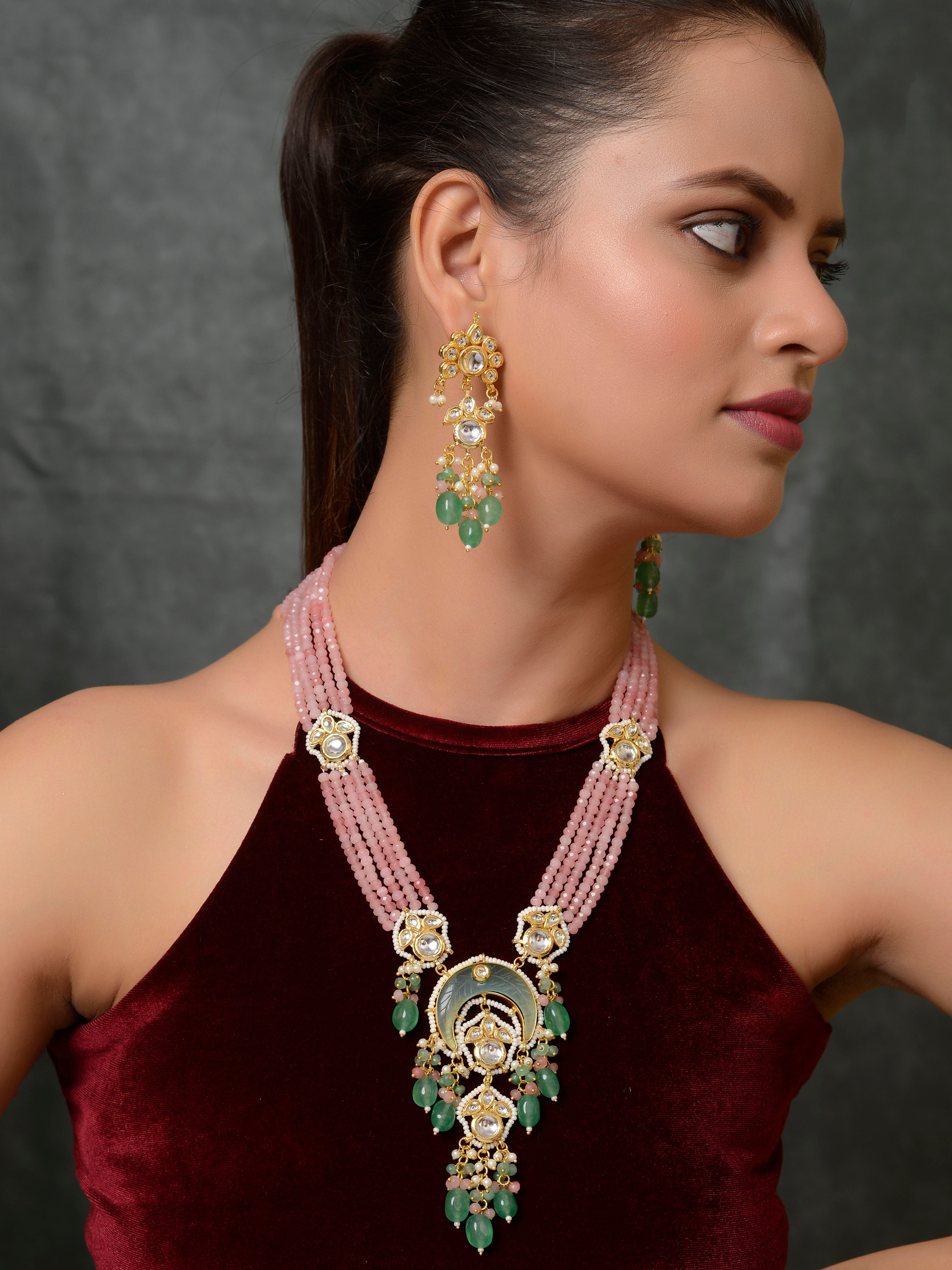 Dastoor  Pink Kundan-Studded  Beaded Jewellery Set