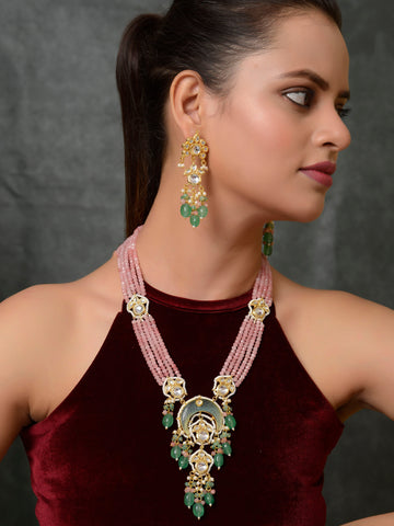 Dastoor  Pink Kundan-Studded  Beaded Jewellery Set