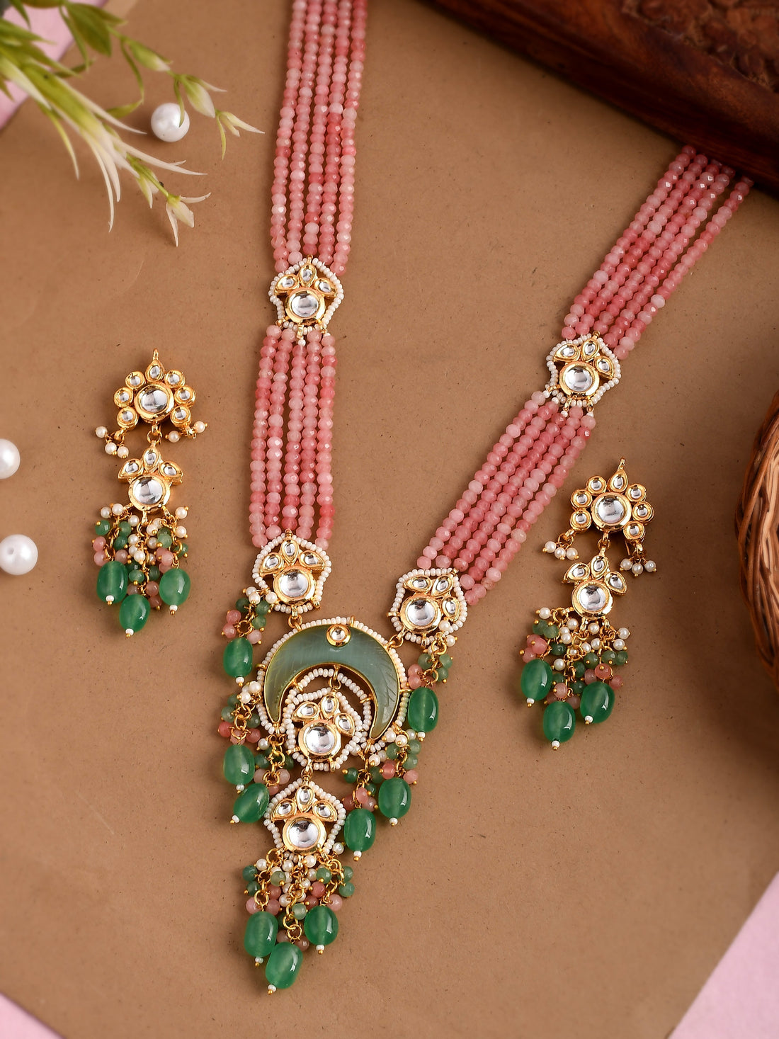 Dastoor  Pink Kundan-Studded  Beaded Jewellery Set