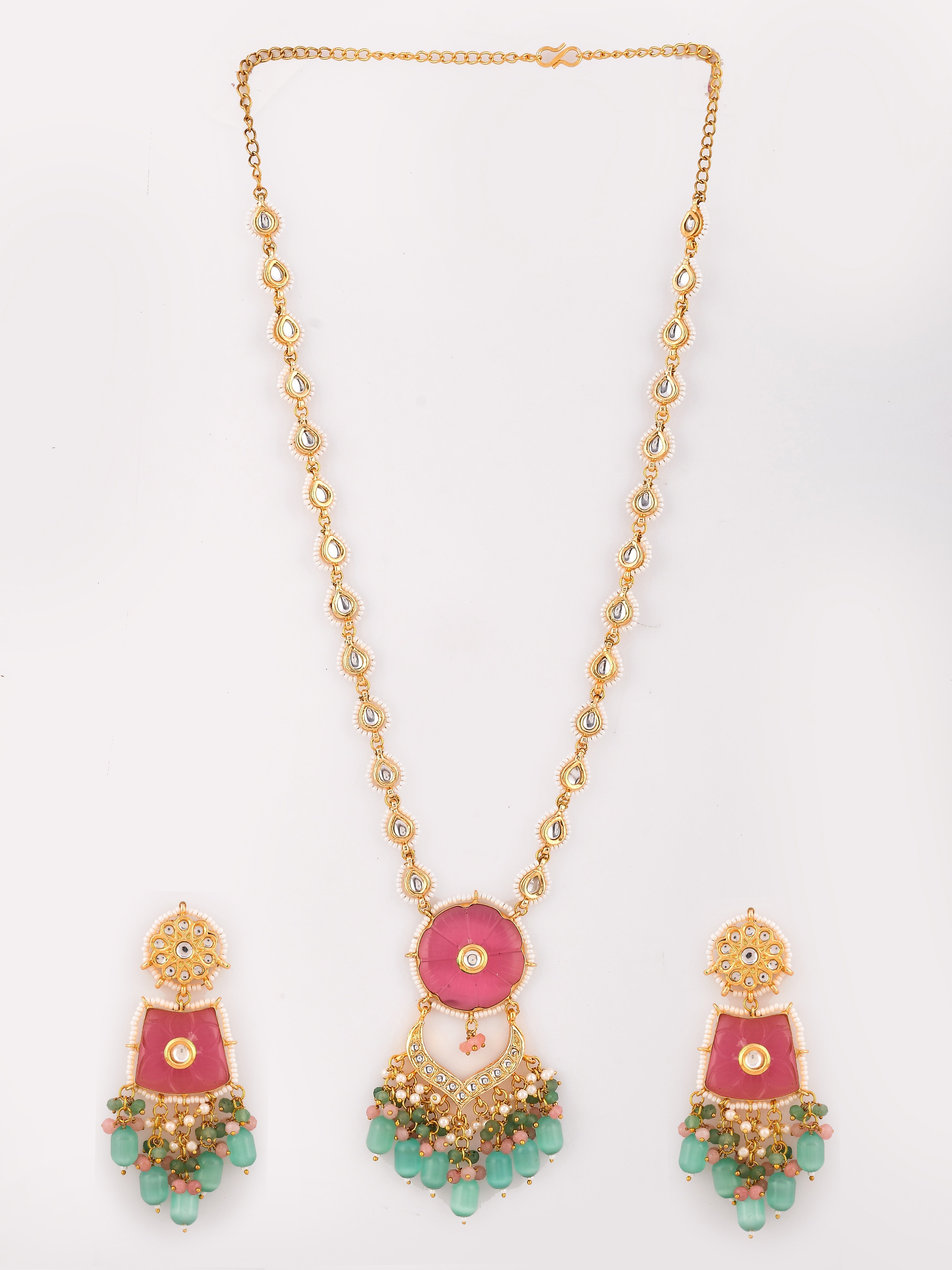 Dastoor  Pink Kundan Studded  Beaded Jewellery Set