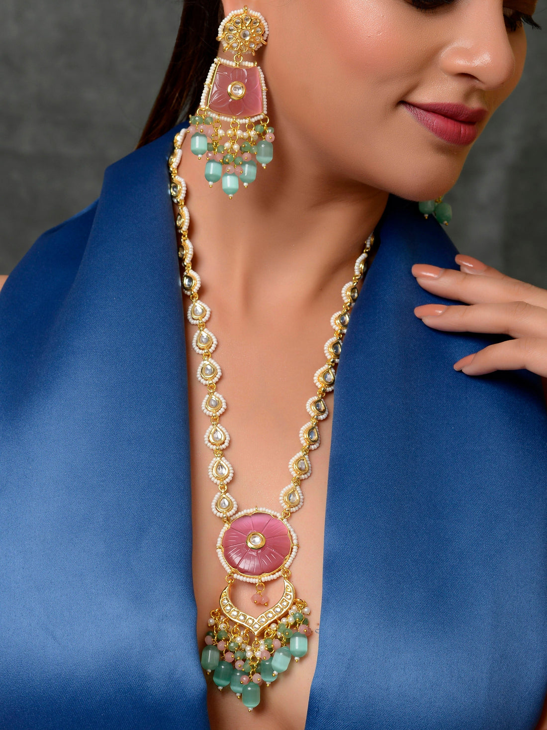 Pink Kundan Studded  Beaded Jewellery Set