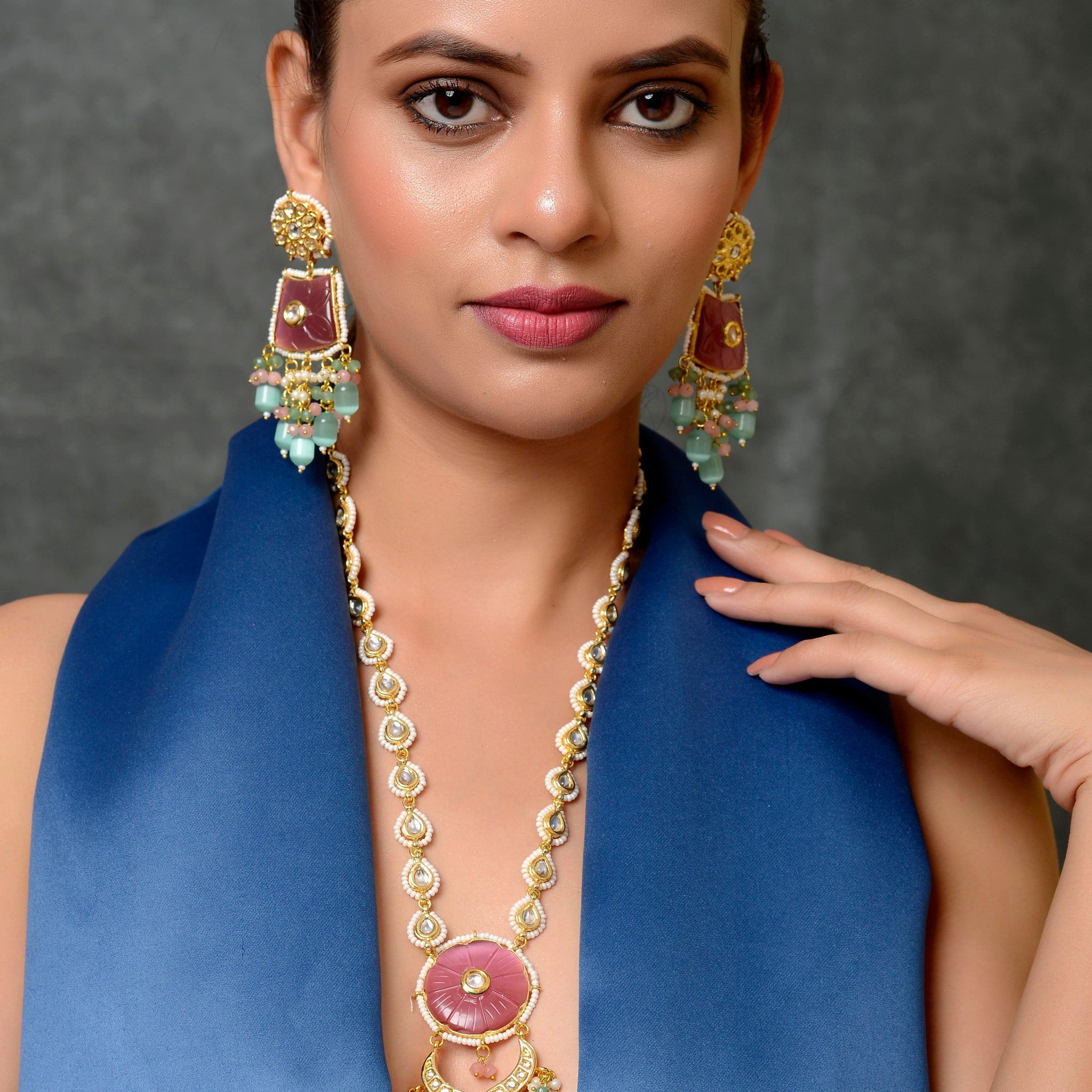 Pink Kundan Studded  Beaded Jewellery Set