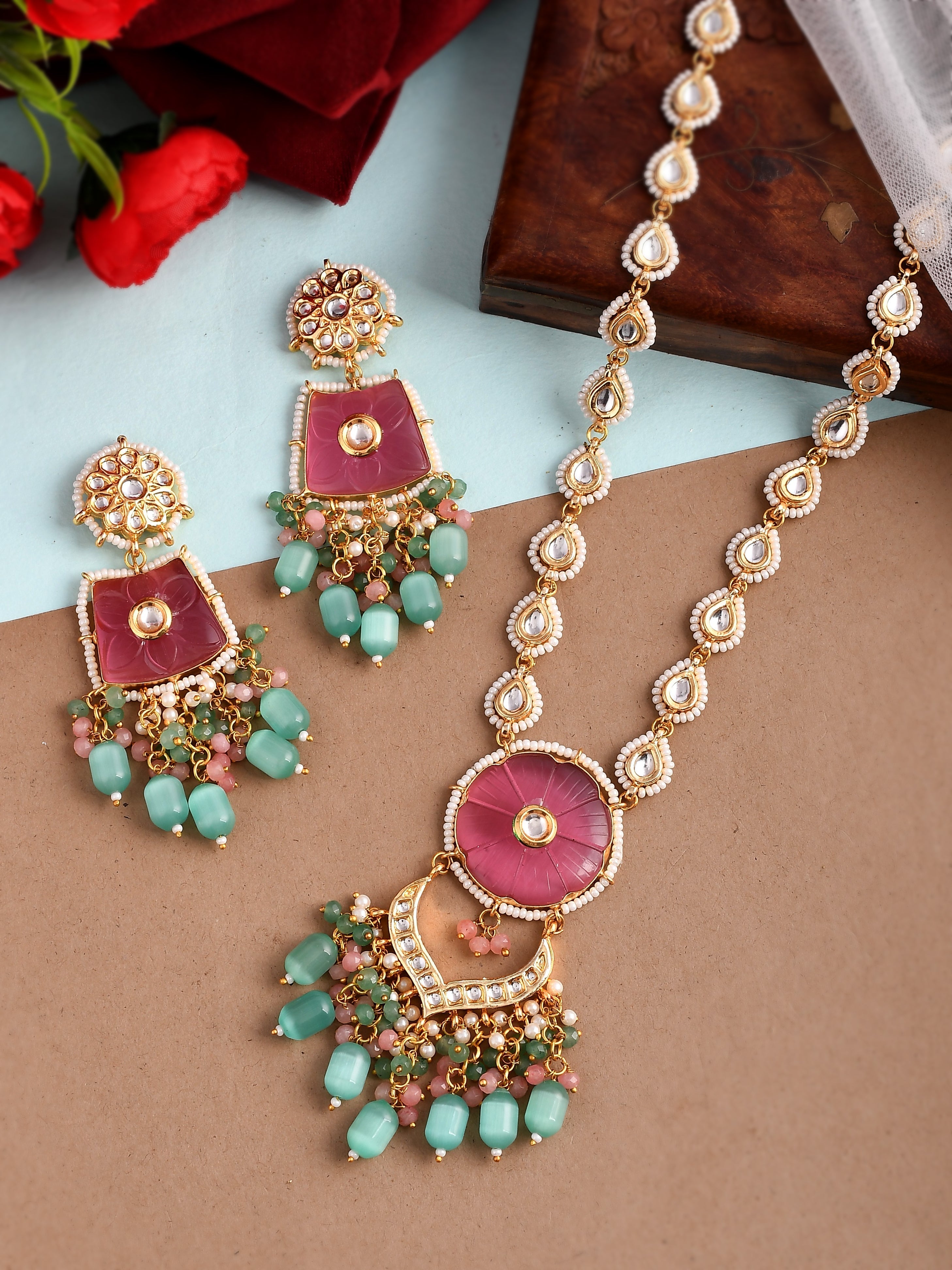 Pink Kundan Studded  Beaded Jewellery Set