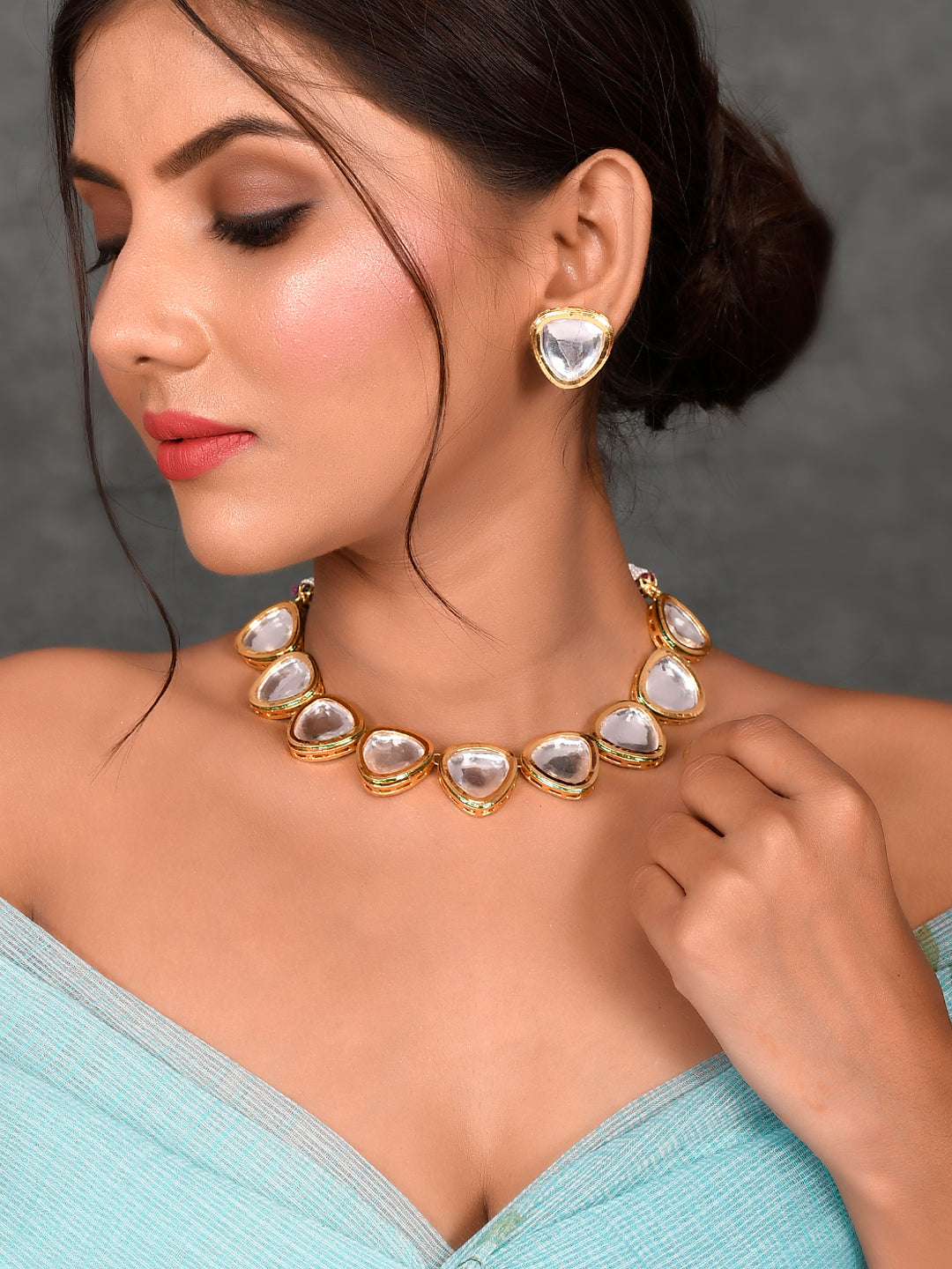 Gold-Plated White Kundan-Studded Jewellery Set
