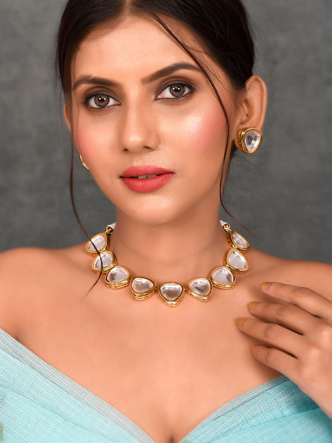 Gold-Plated White Kundan-Studded Jewellery Set