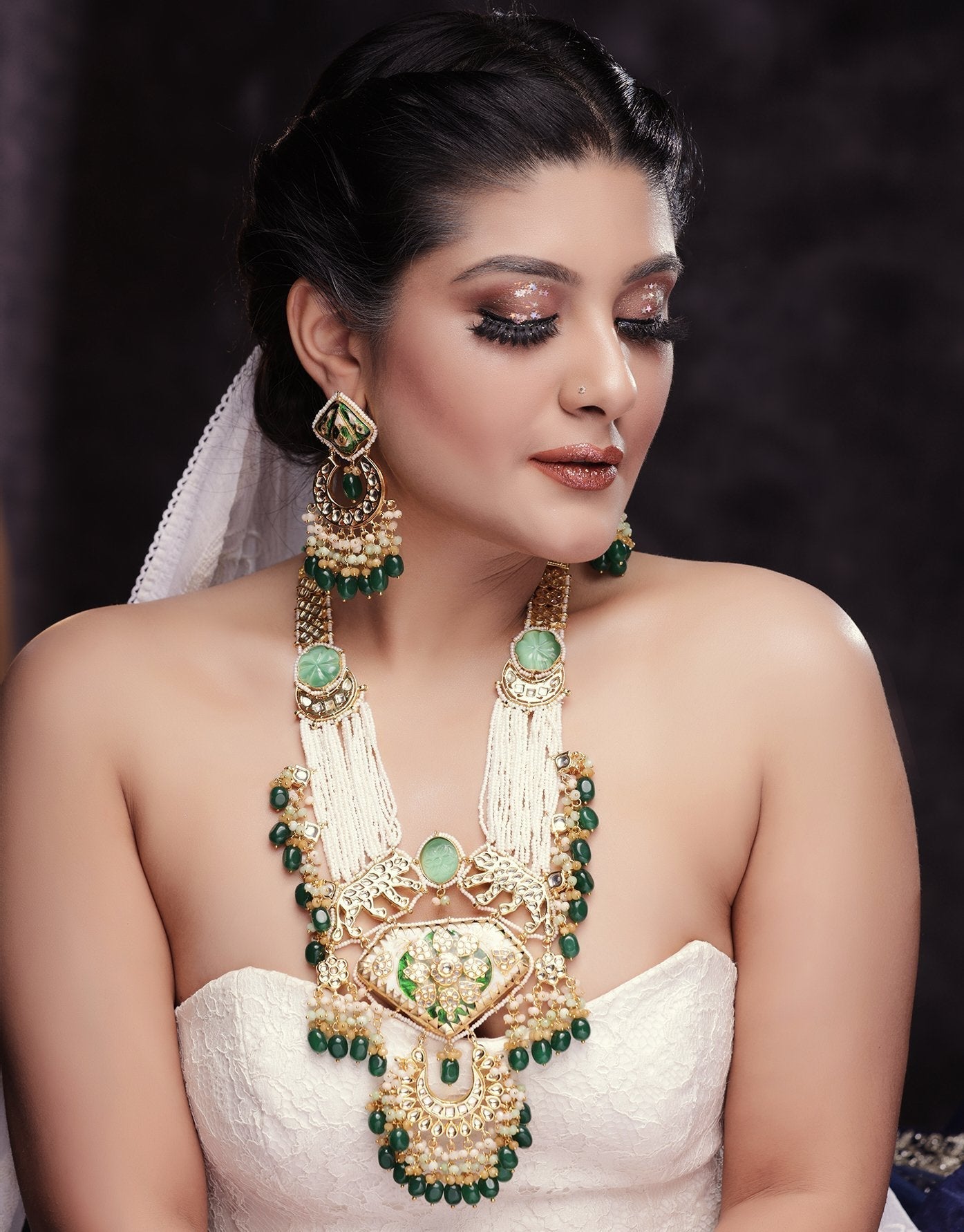 Dastoor Largish Abstract Pearl Green Long Necklace Set