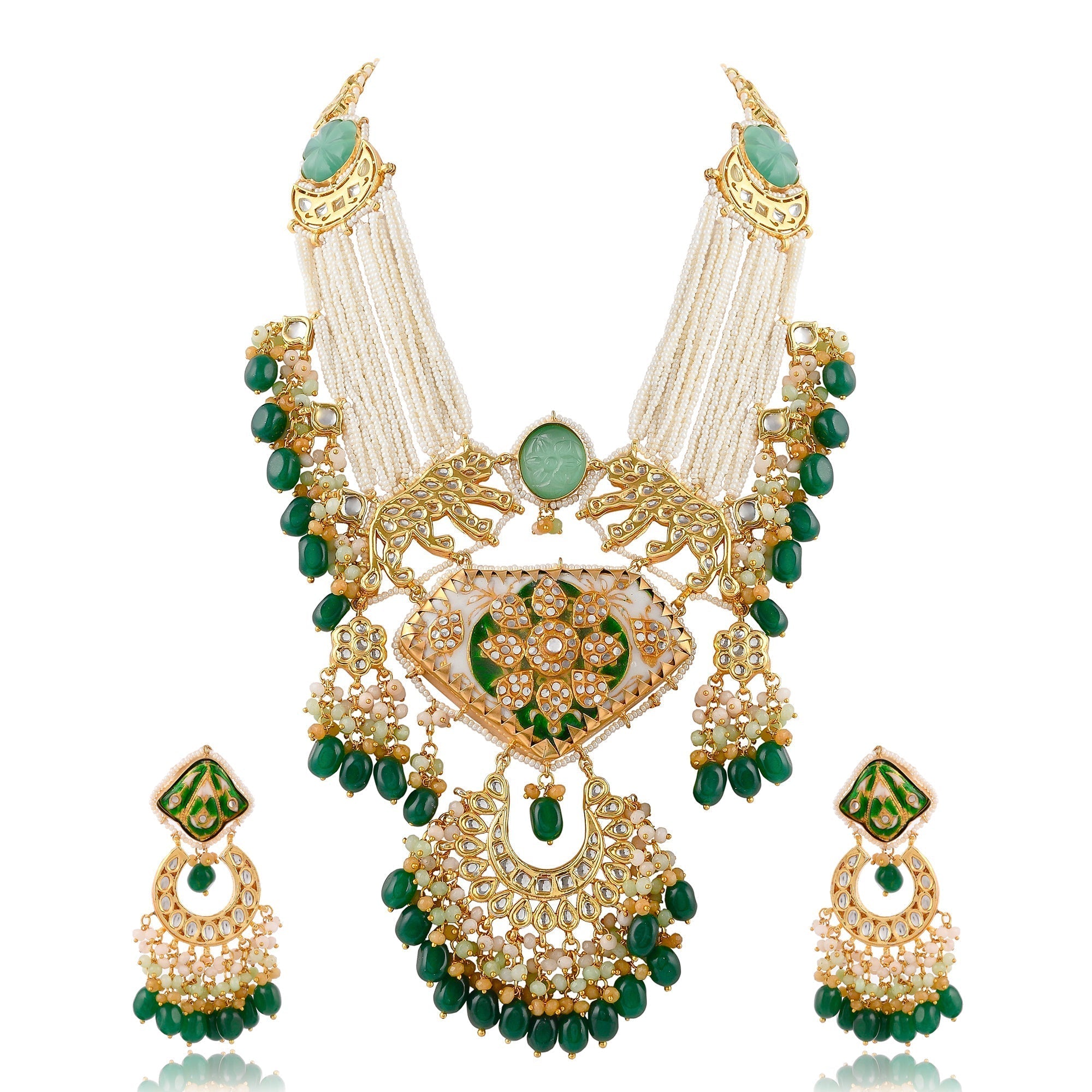 Dastoor Largish Abstract Pearl Green Long Necklace Set