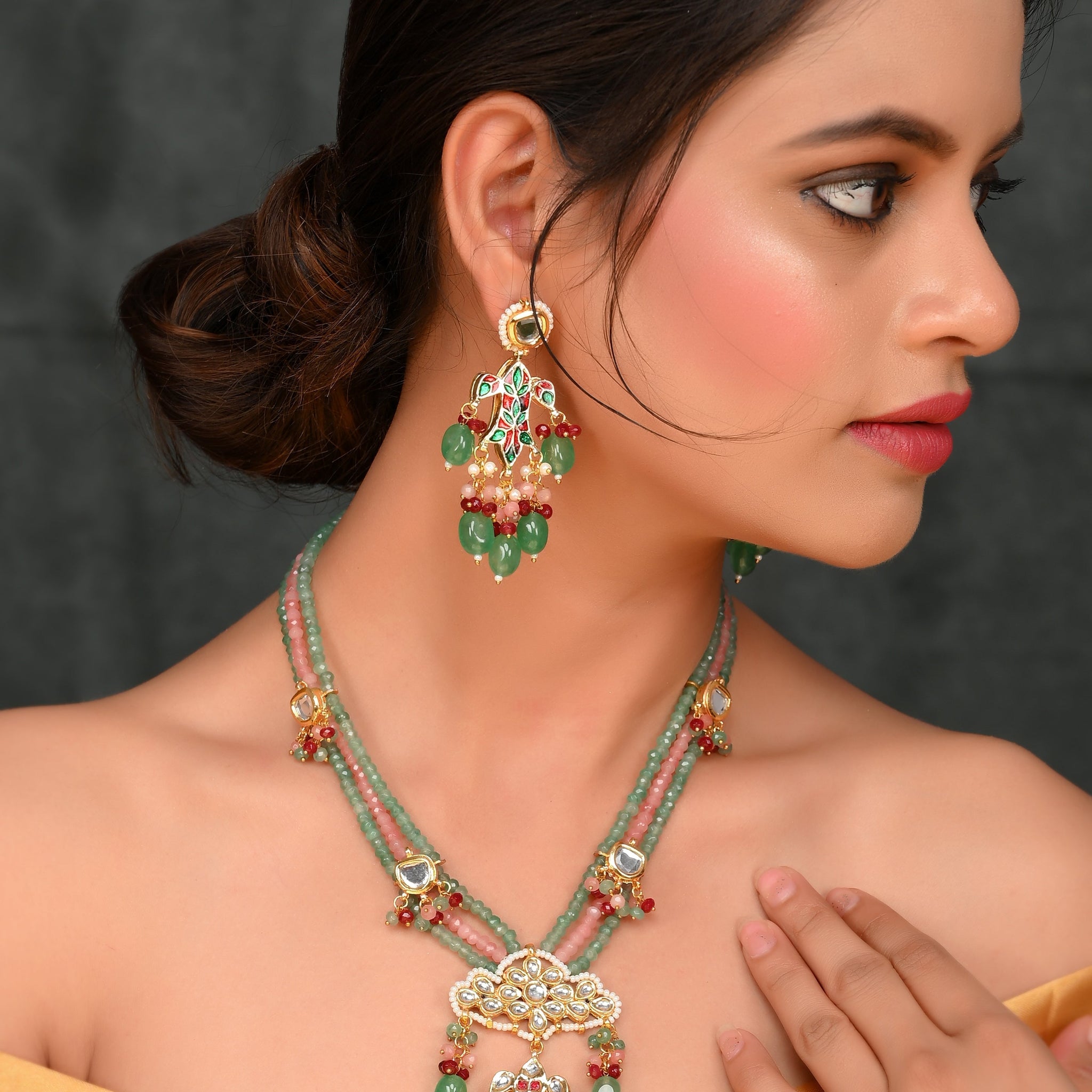 Pastel Green Gemstone Drape Necklace Set