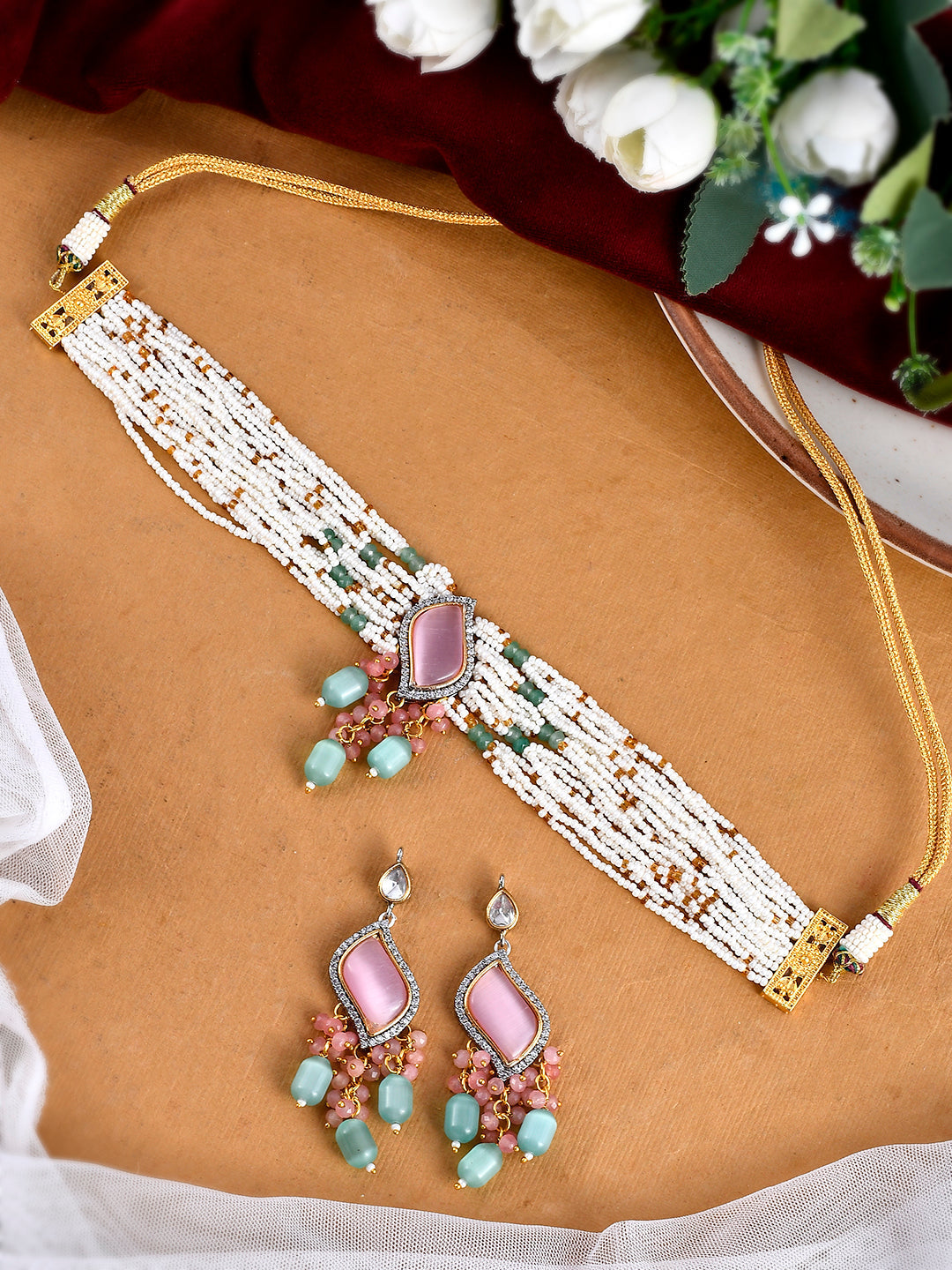 Rose and Ivory Choker Charm Necklace