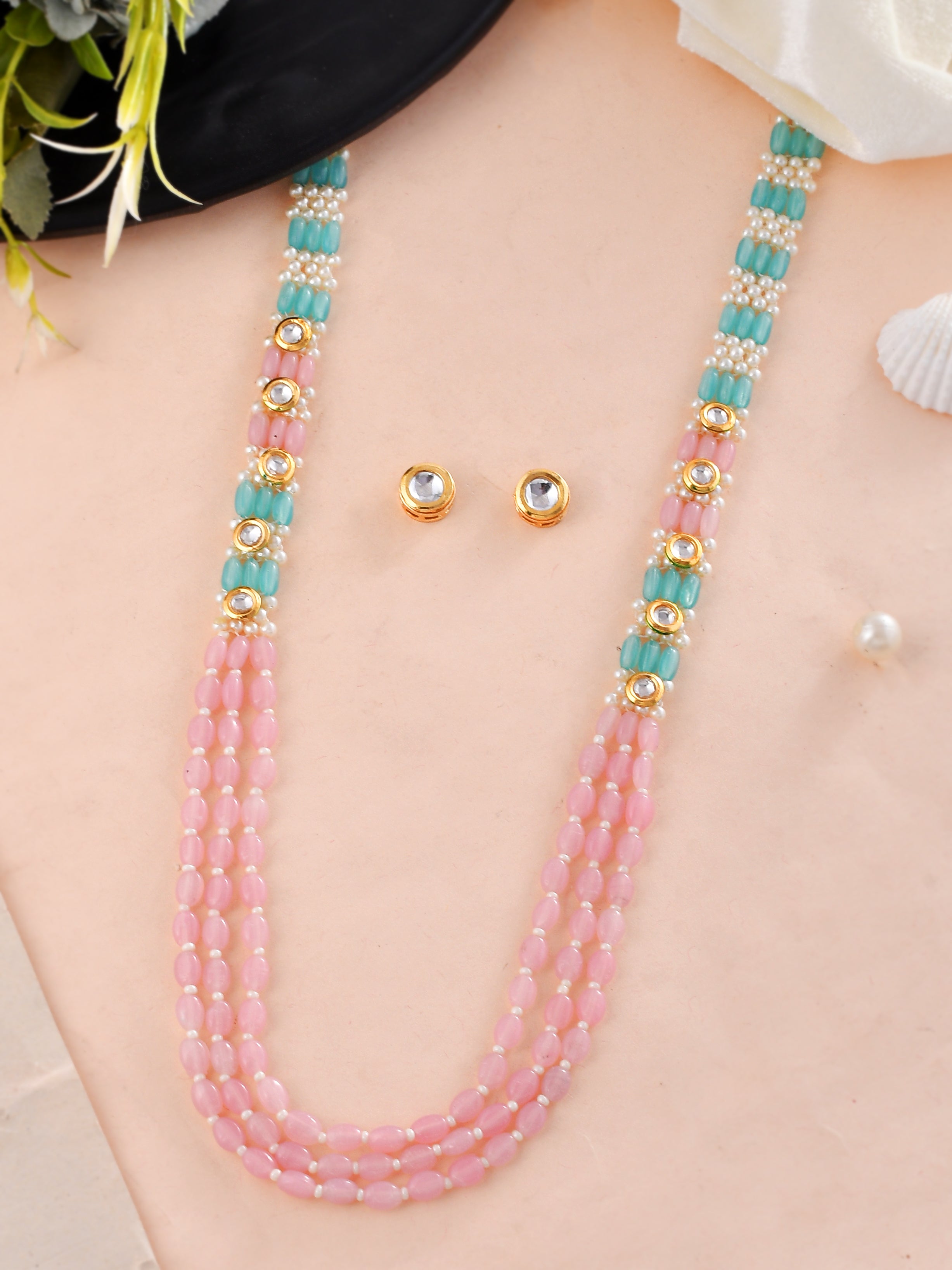 Ethereal Elegance Pink Mala with small Kundan Studs