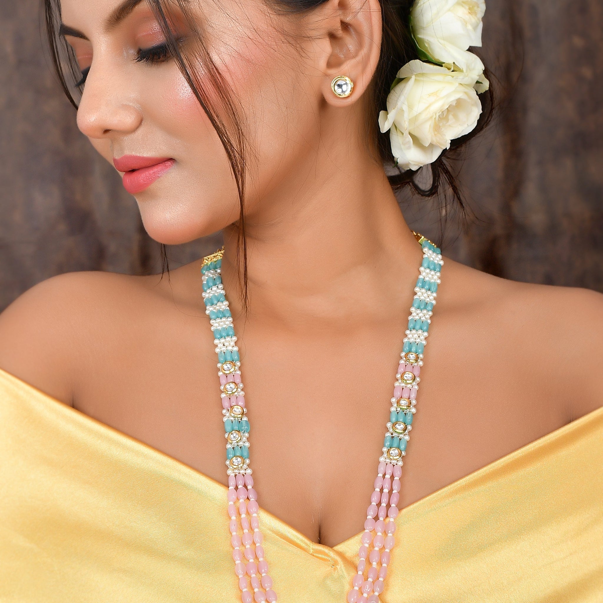 Ethereal Elegance Pink Mala with small Kundan Studs
